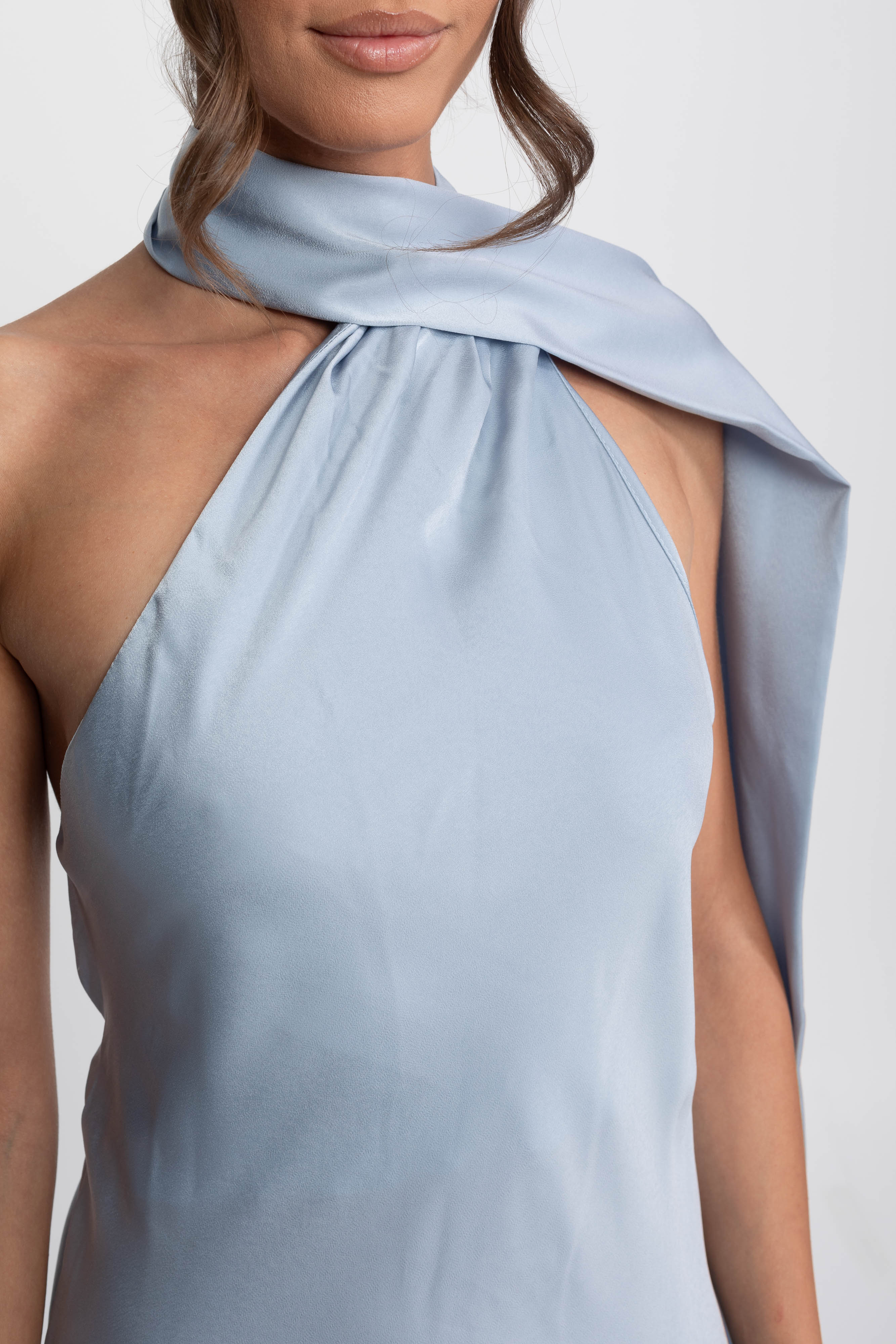 Twist Halter Satin Slip Dress With Asymmetric Neckline - Blue