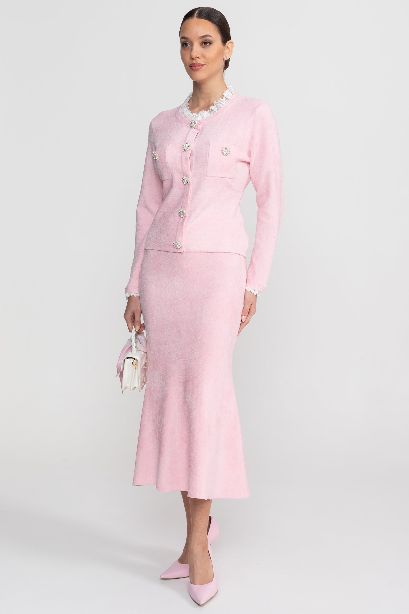 Ensemble à manches longues avec corsage en maille ajustée et détail de boutons en cristal - Blush Pink 