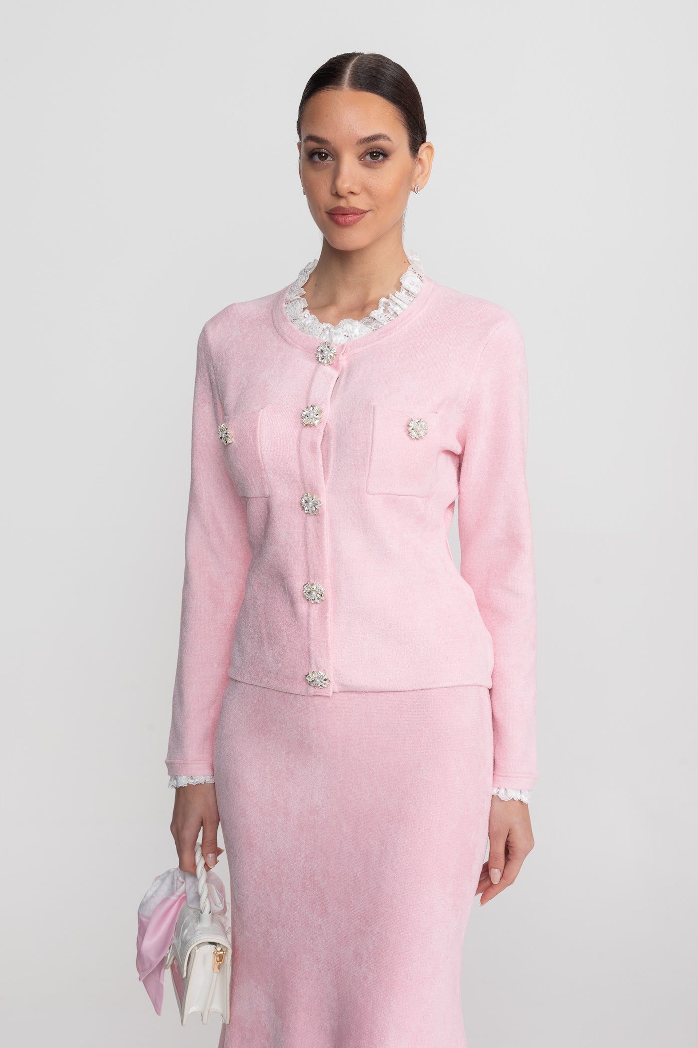 Ensemble à manches longues avec corsage en maille ajustée et détail de boutons en cristal - Blush Pink 