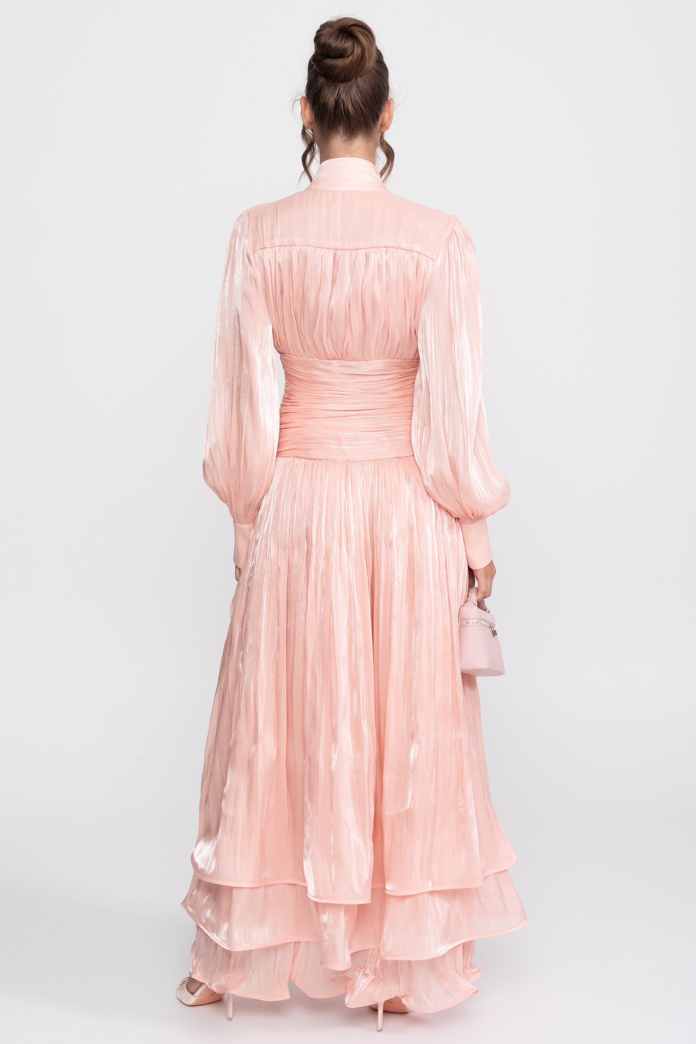 Balloon-Sleeve Tiered Maxi Dress With Jeweled Rose Buttons - Peach