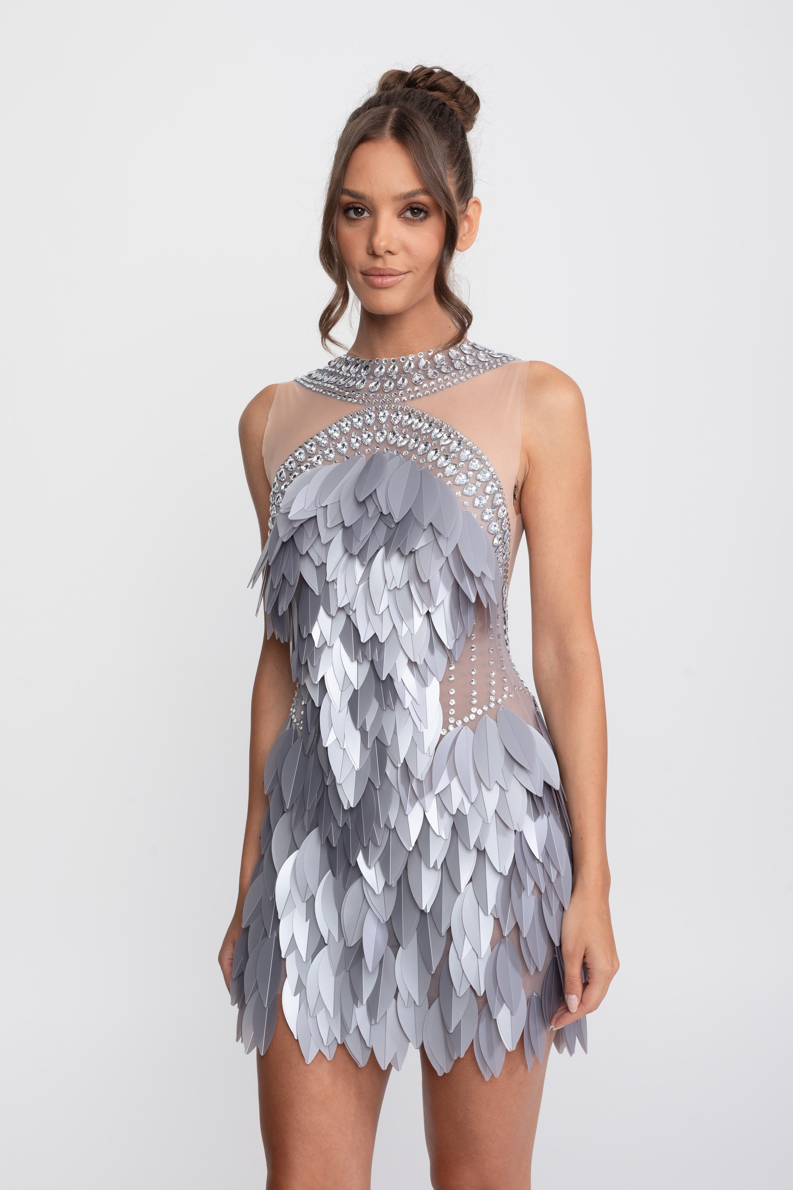 Sleeveless Sheer Mesh Feather-Panel Mini Dress With Crystals  - Gray