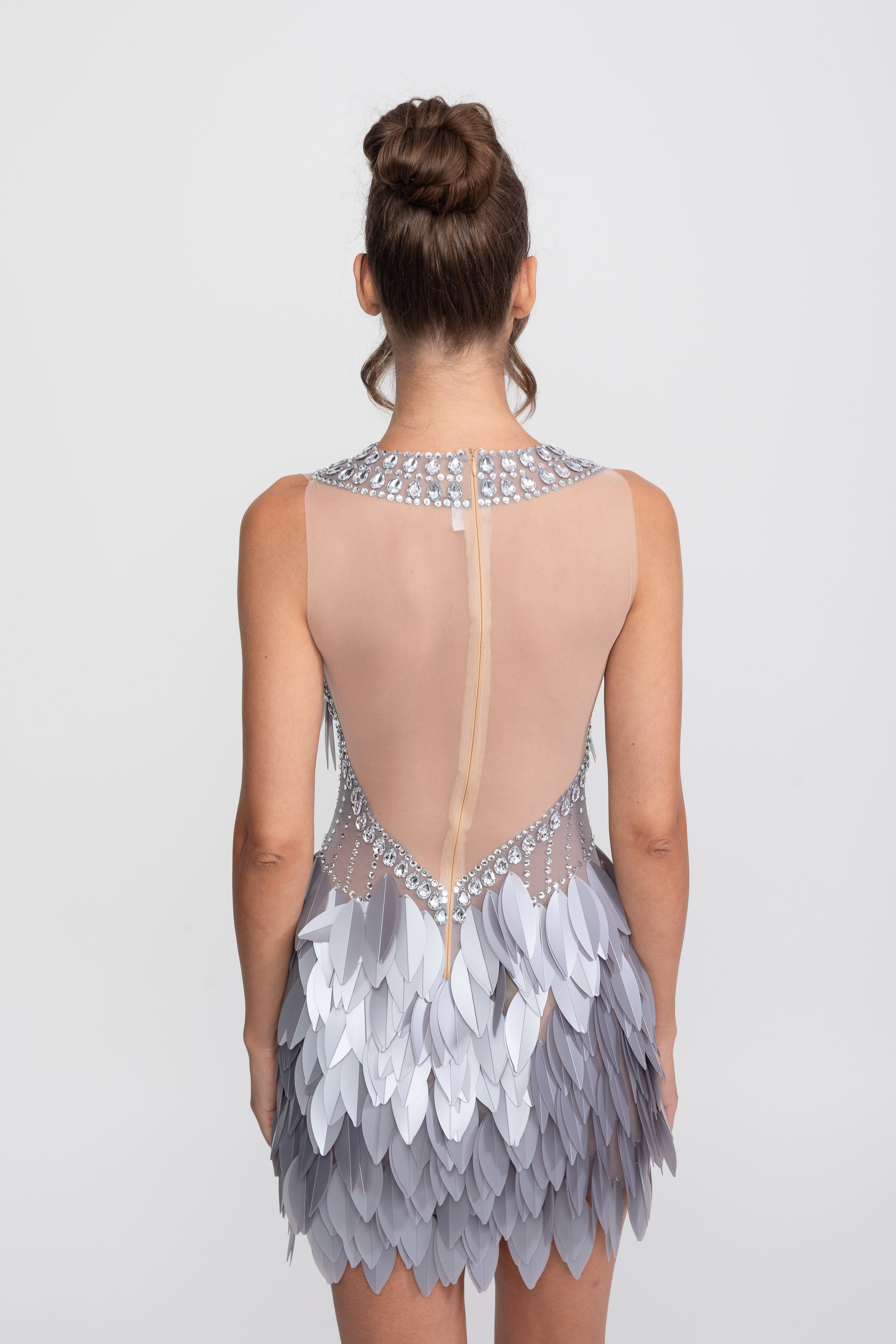 Sleeveless Sheer Mesh Feather-Panel Mini Dress With Crystals  - Gray