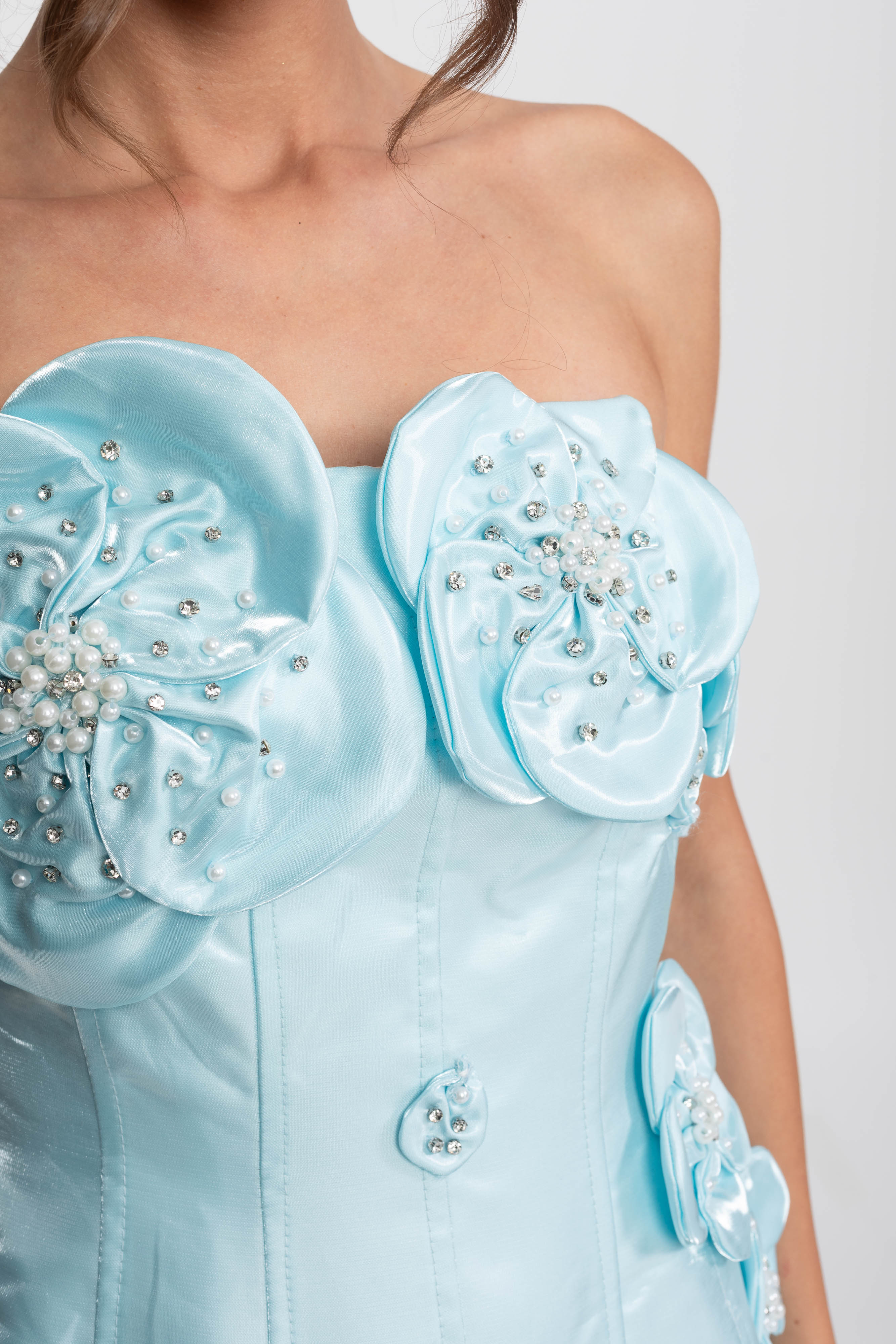 Strapless Satin Corset Mini Dress With 3D Floral Appliques - Light Blue