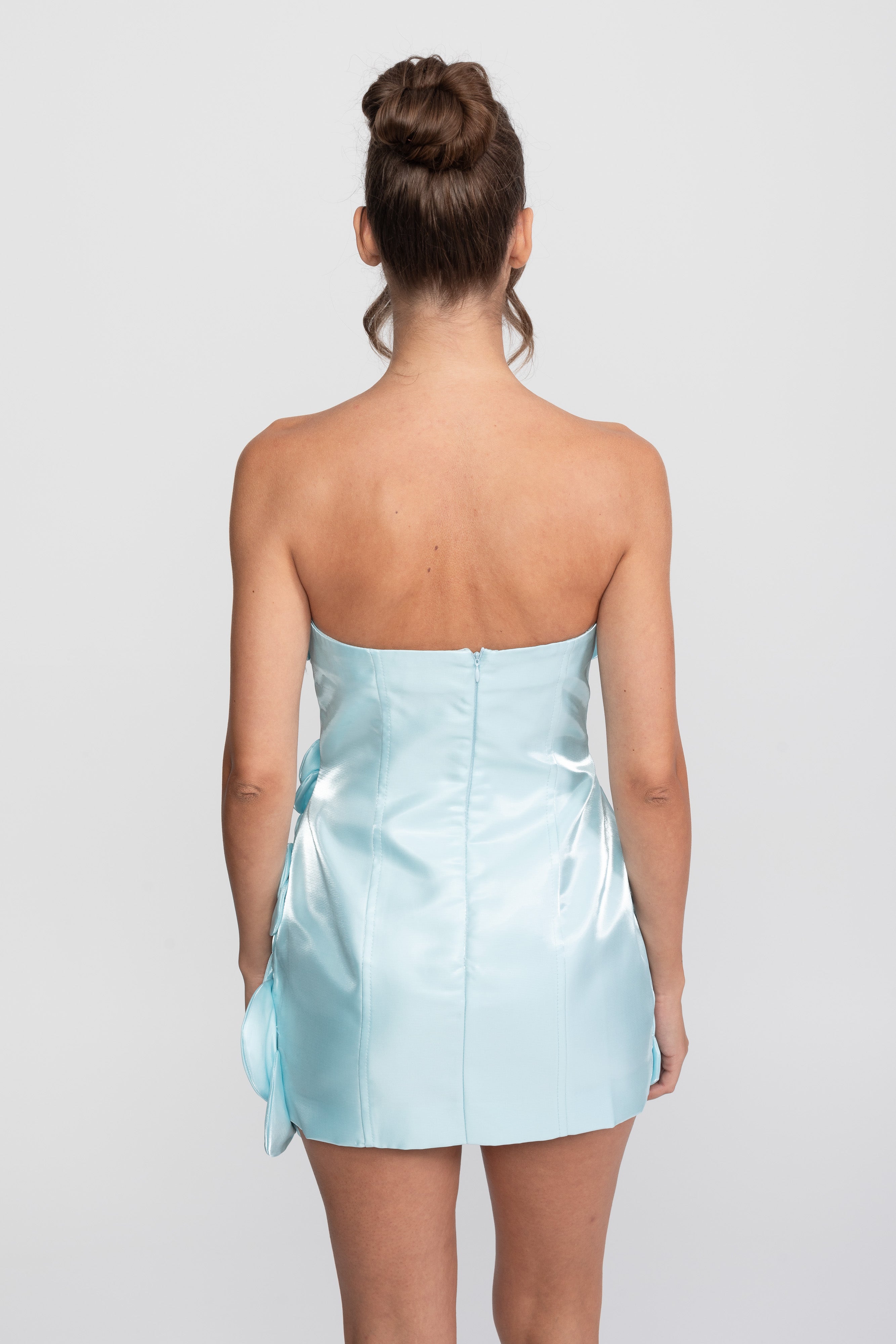 Strapless Satin Corset Mini Dress With 3D Floral Appliques - Light Blue