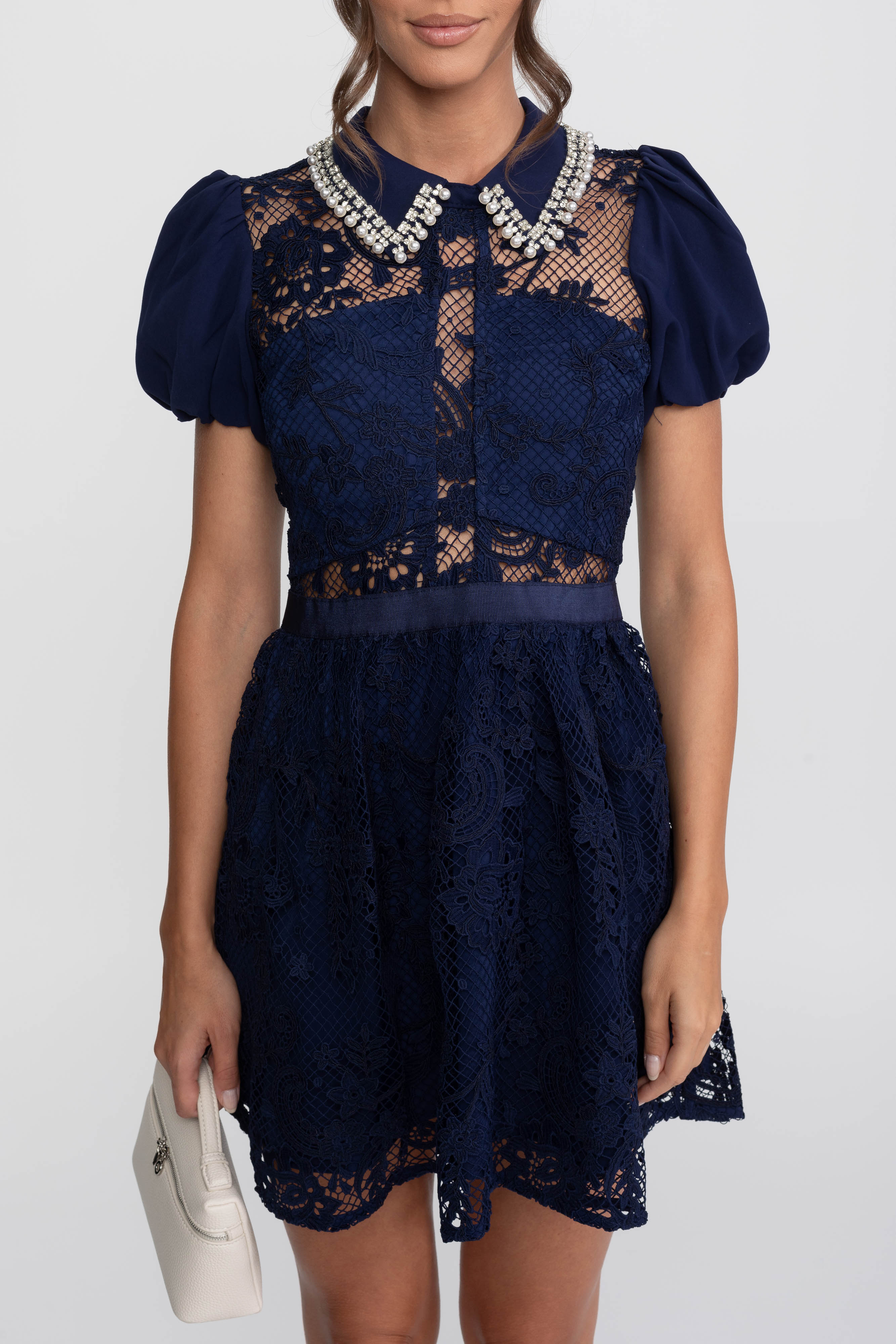 Robe Mini en Dentelle à Manches Bouffantes avec Col en Perles - Navy 
