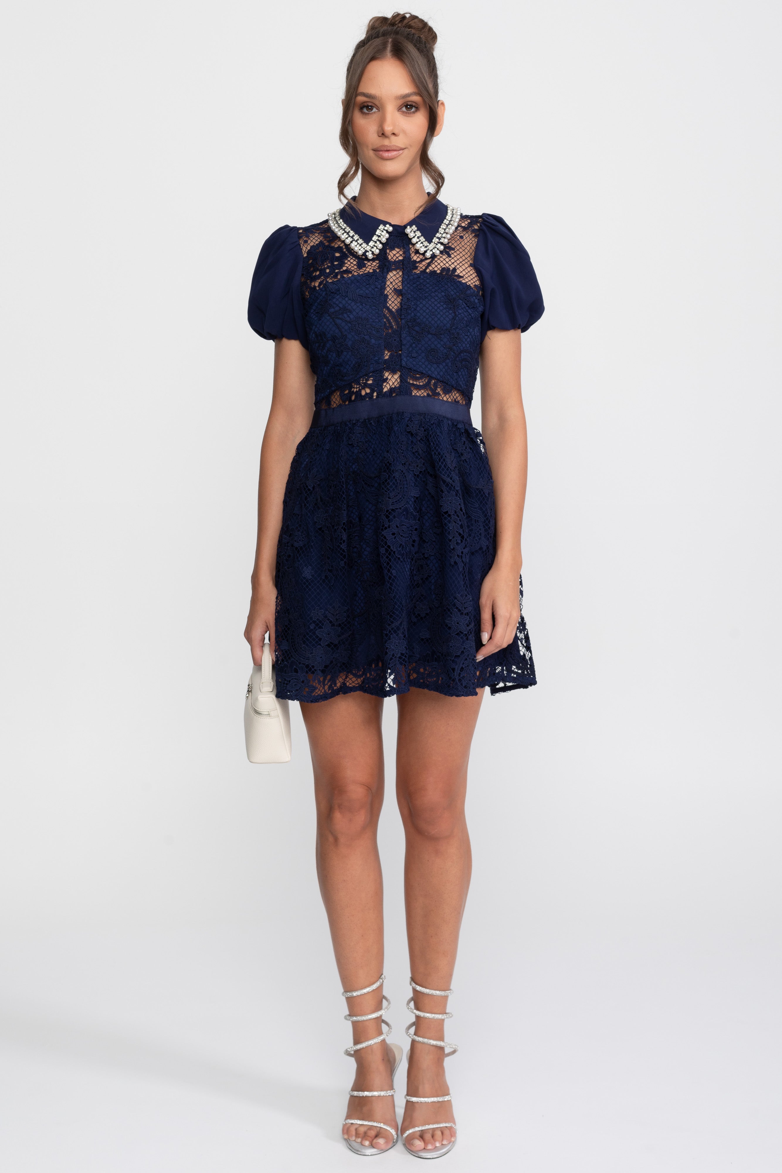 Robe Mini en Dentelle à Manches Bouffantes avec Col en Perles - Navy 