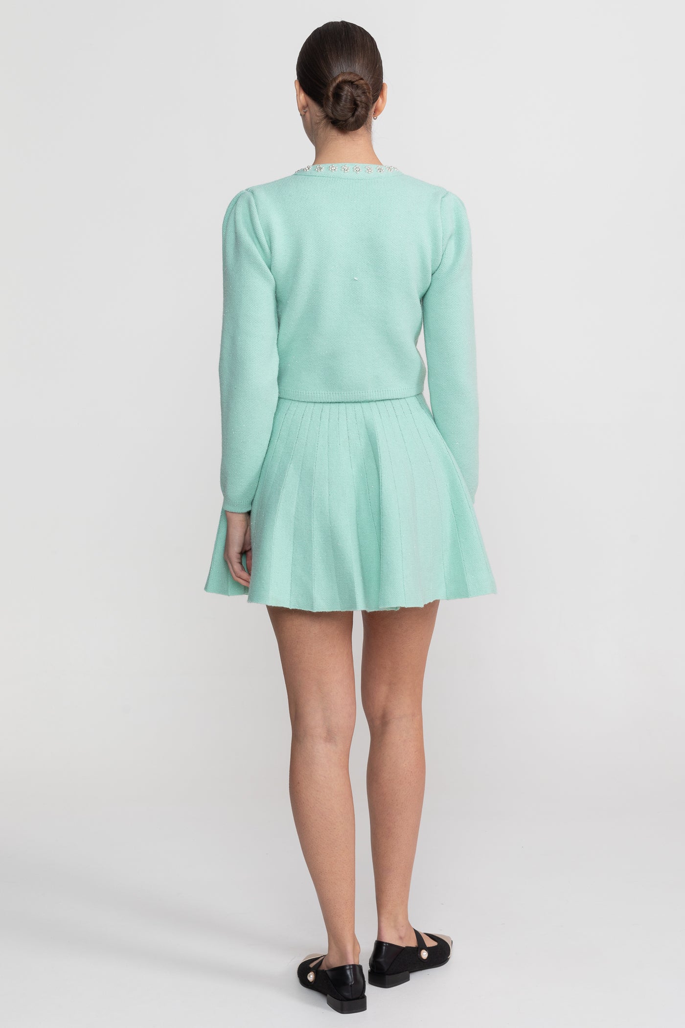 Knit Co-Ord Set With Long Sleeve Cardigan And Matching Mini Skirt - Teal