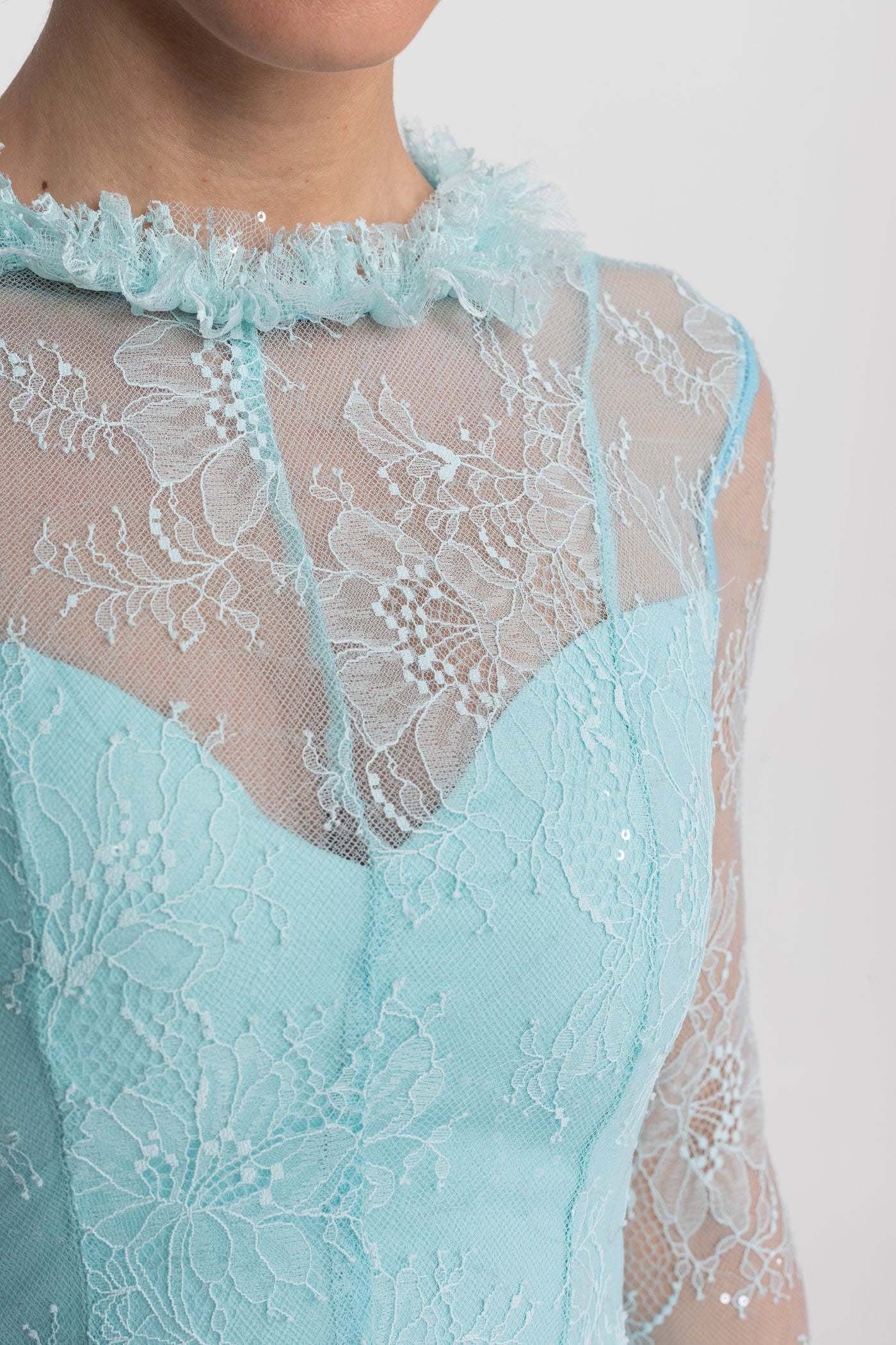 Robe Mini à Manches Longues en Dentelle Transparente avec Ourlet à Volants - Teal 