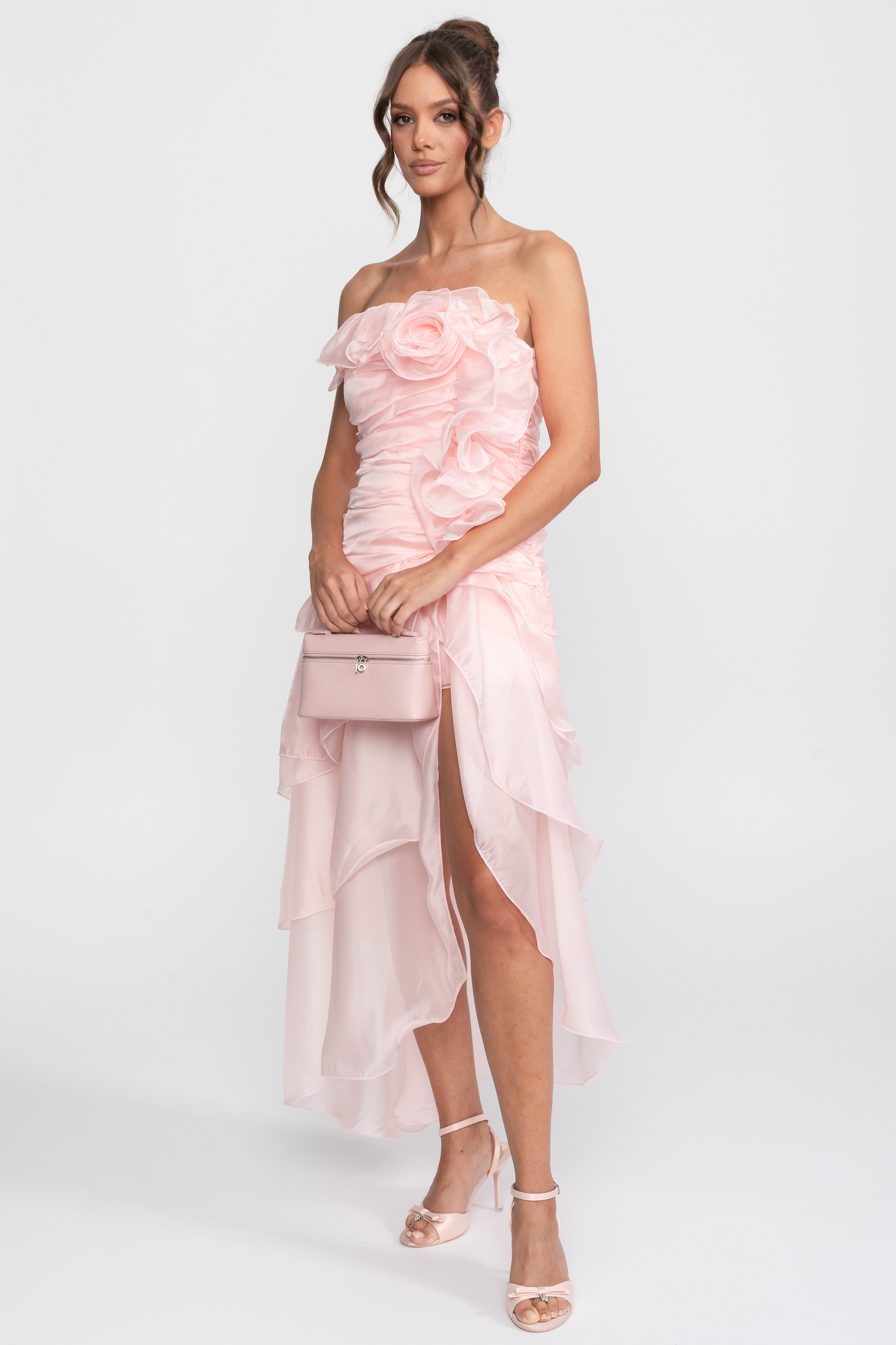 Robe à volants de pétales sans bretelles avec ornements floraux 3D - Rose 