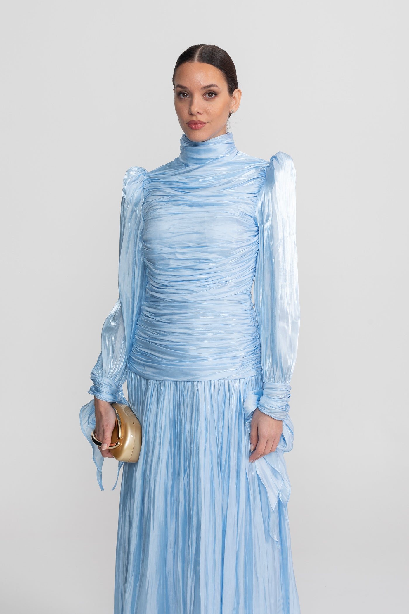 Robe longue à manches longues froncées avec jupe plissée - Sky Blue 