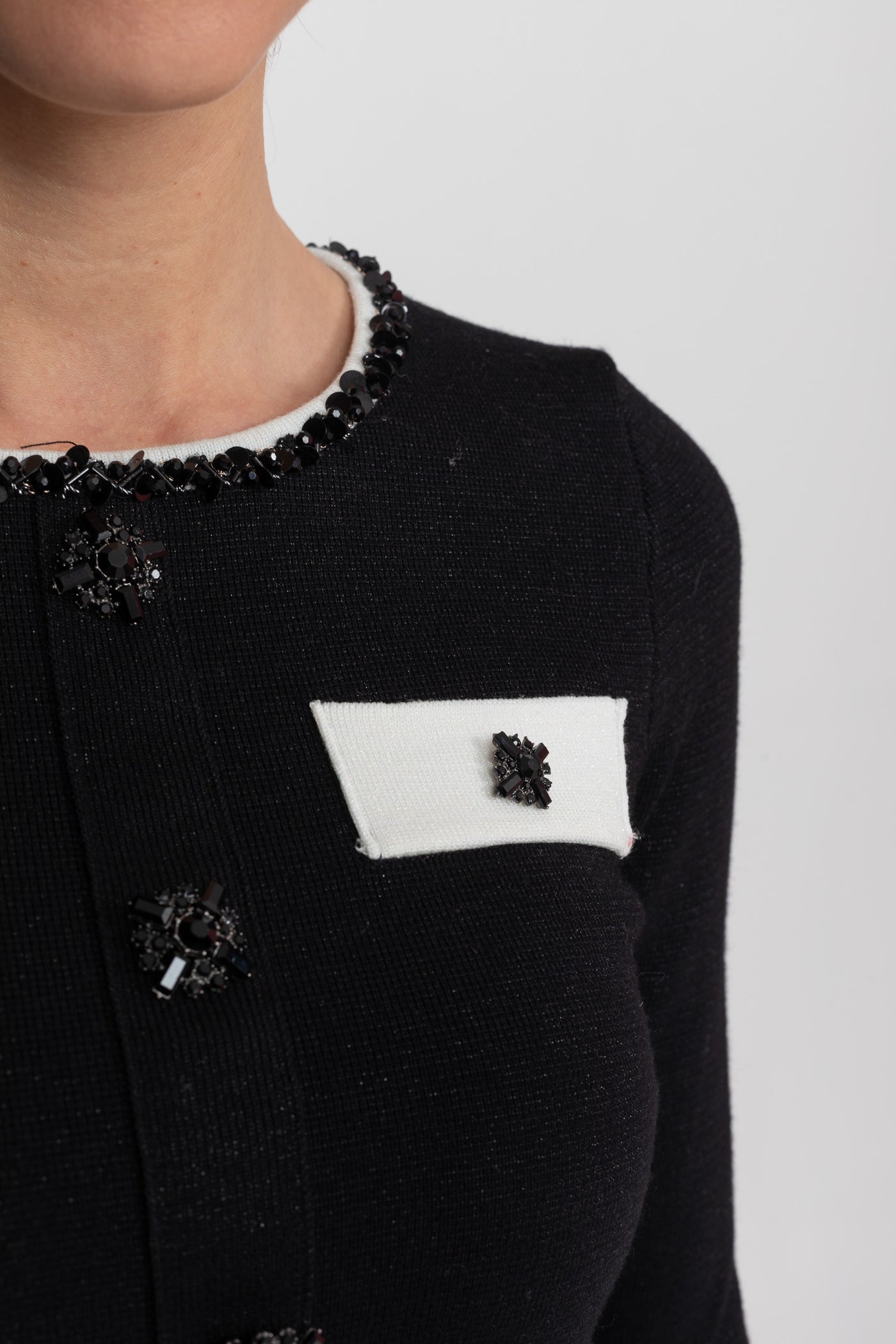 Ensemble coordonné en maille à manches longues avec bordure contrastante et ornements scintillants - Noir 