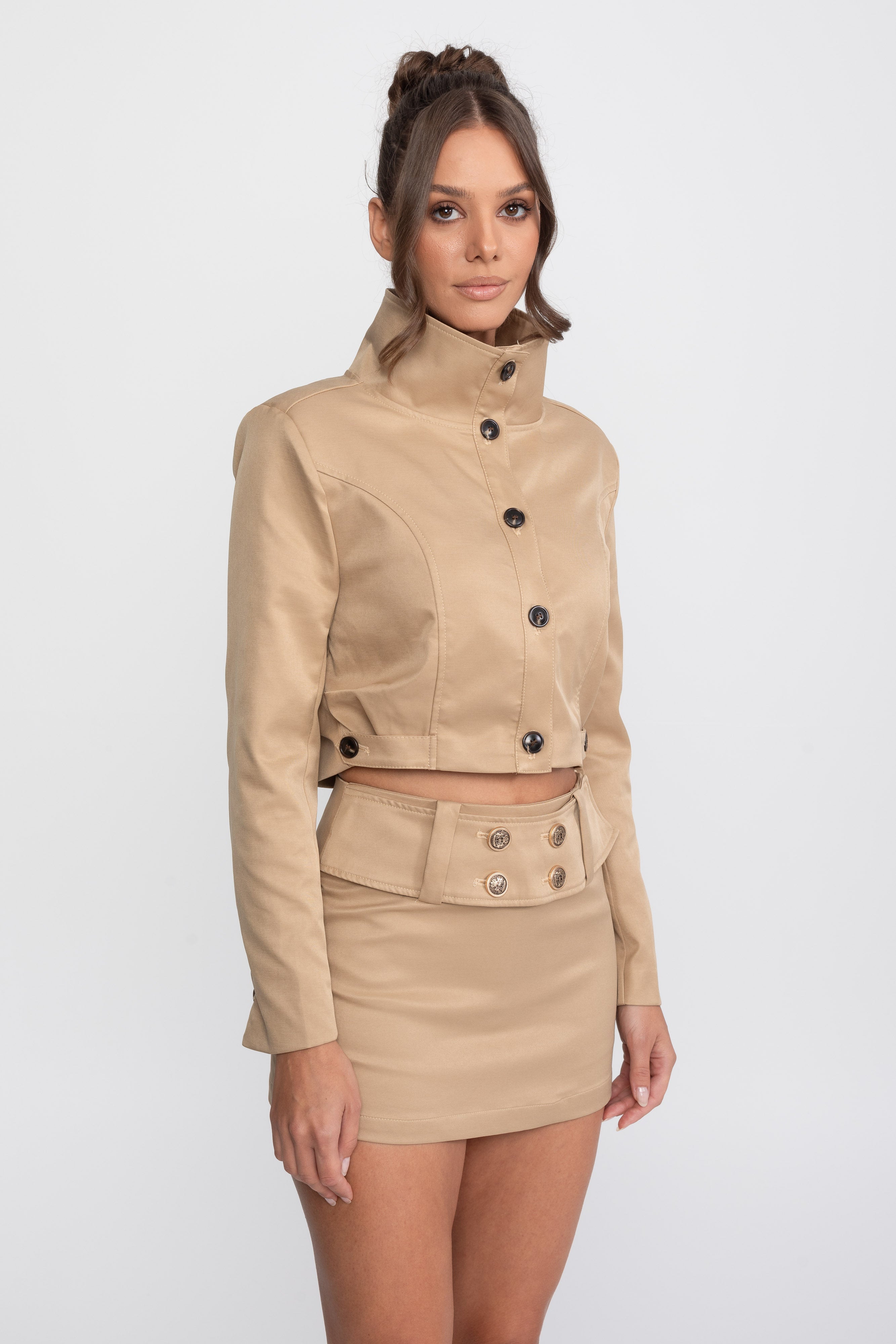 Ensemble coordonné veste courte croisée et mini-jupe - Khaki 