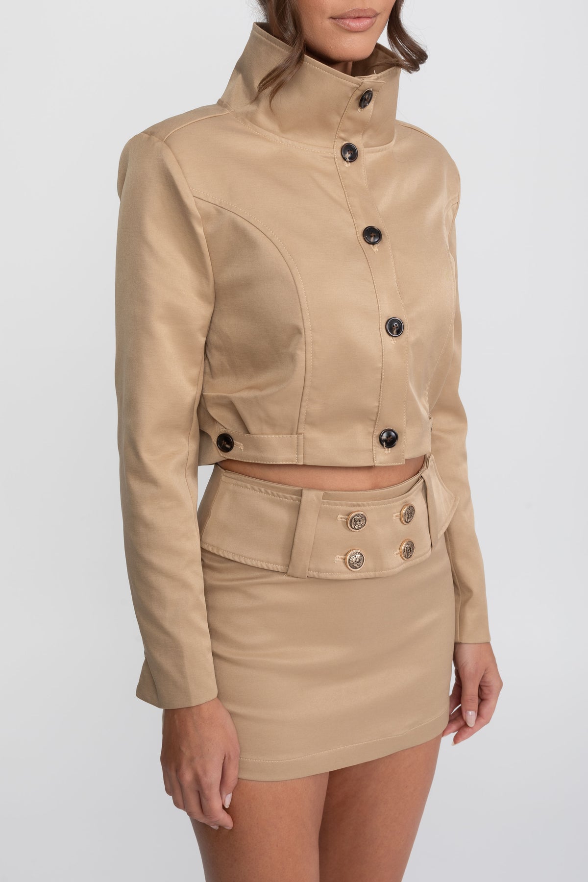 Ensemble coordonné veste courte croisée et mini-jupe - Khaki 