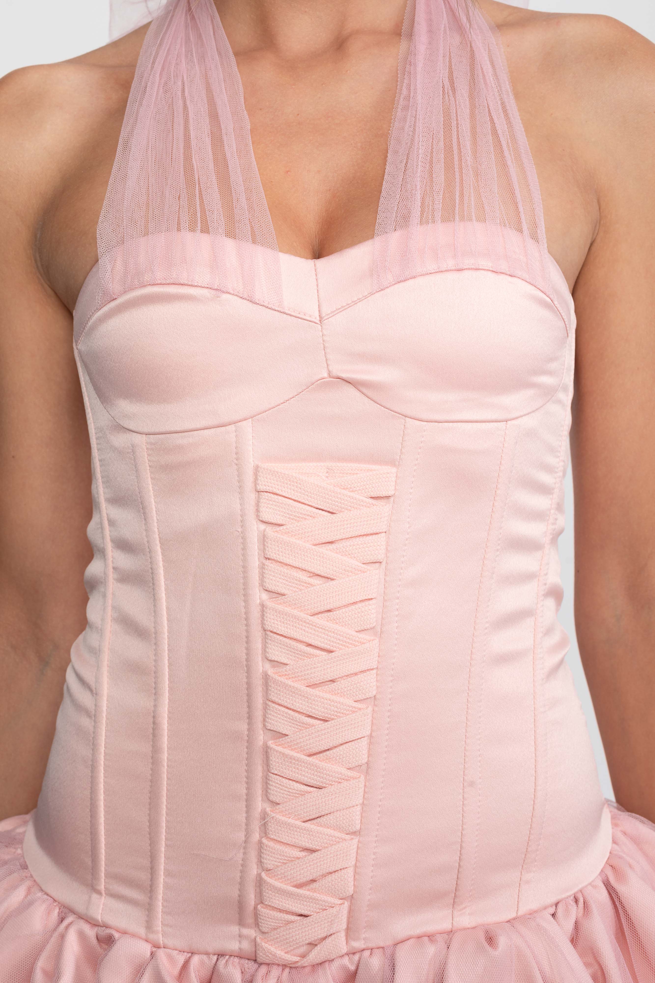 Robe mini à ourlet boule corset avec lien licou transparent - Rose 