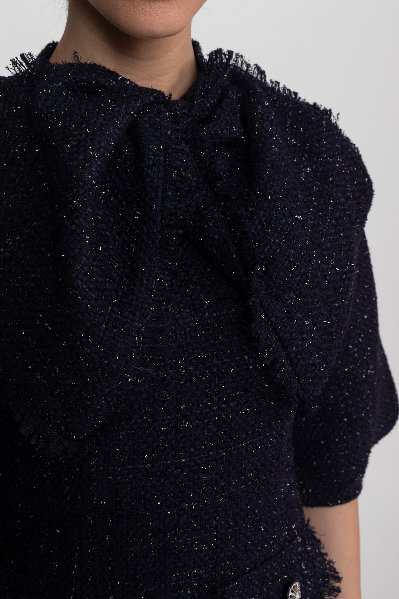 Robe Midi en Tweed avec Détail de Col à Nœud Oversize - Bleu Marine 