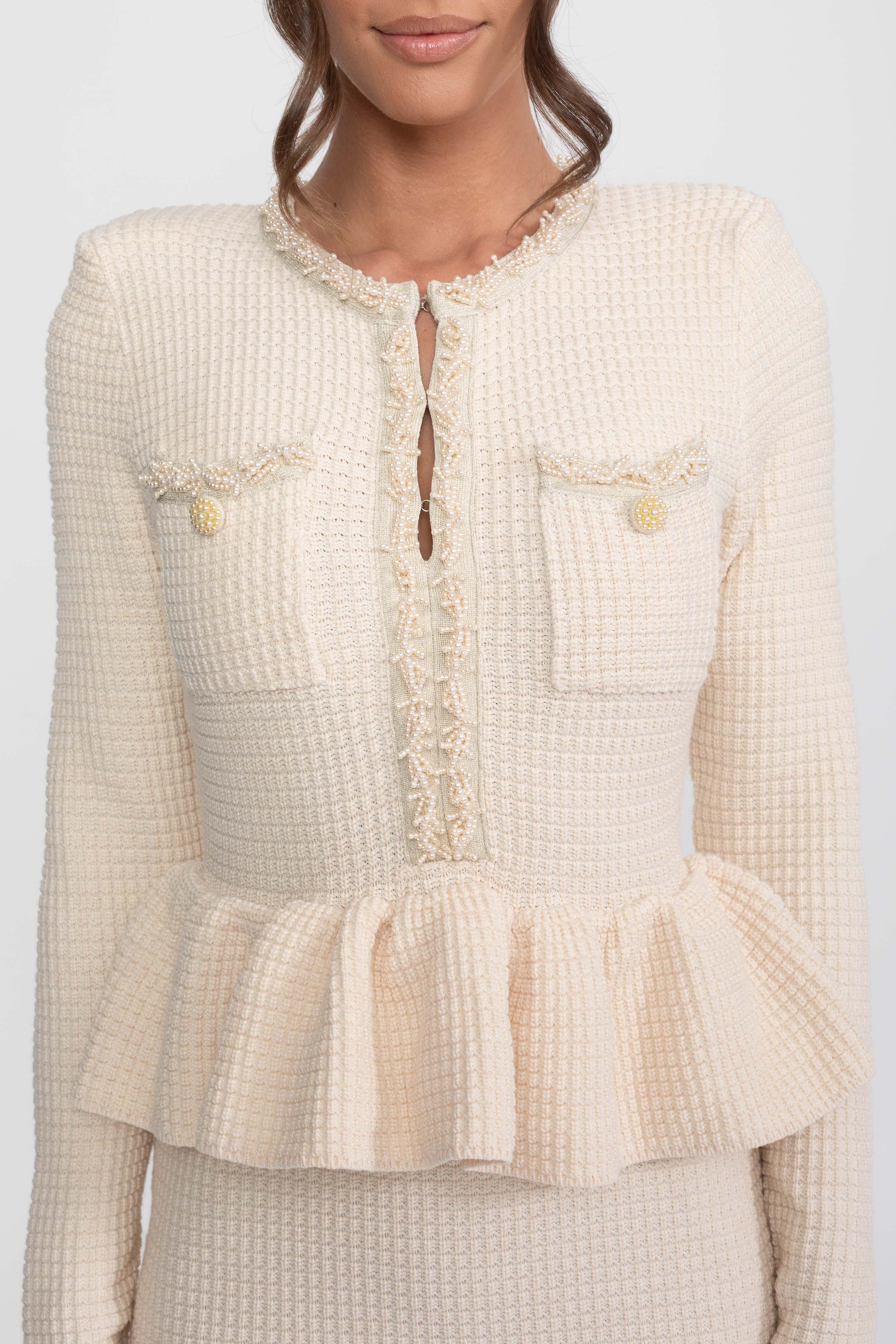 Fringe Trim Knit Peplum Dress With Front Chest Pockets - Beige