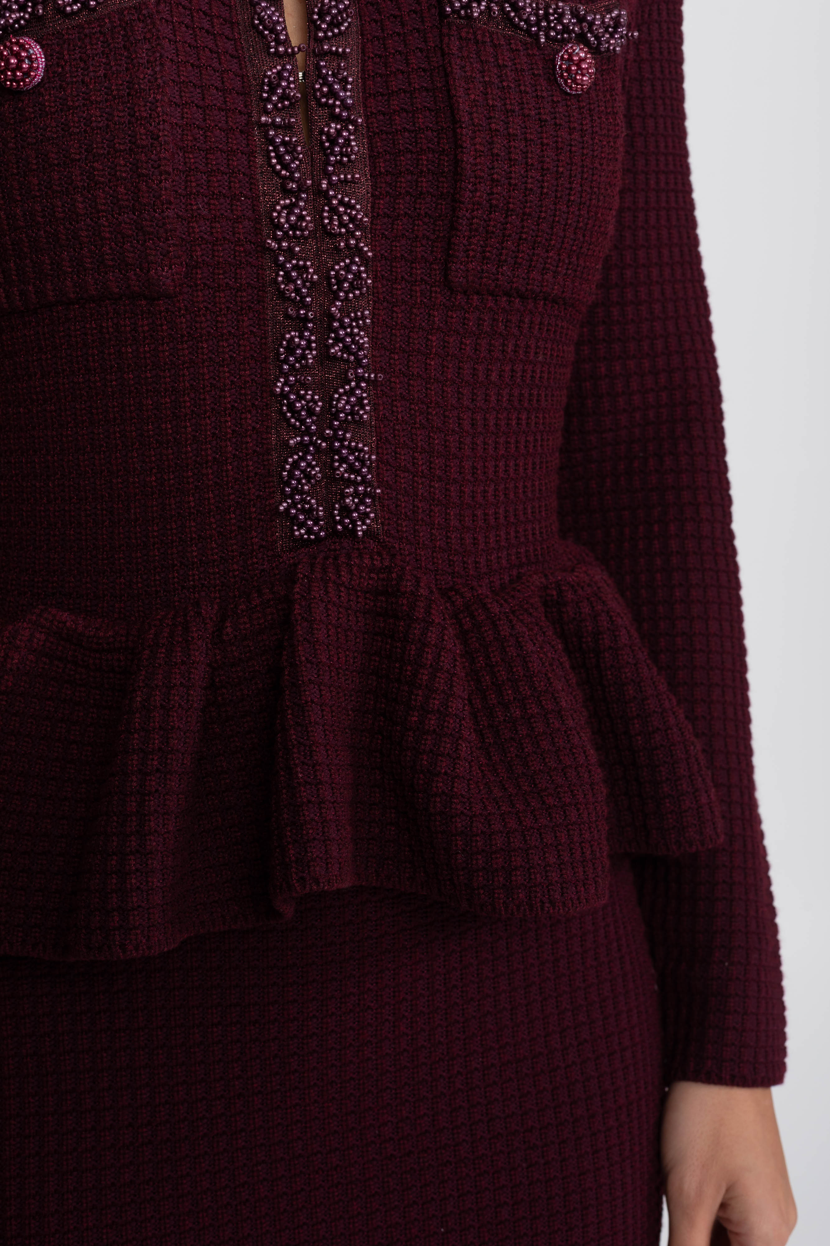 Fringe Trim Knit Peplum Dress With Front Chest Pockets - Burgundy