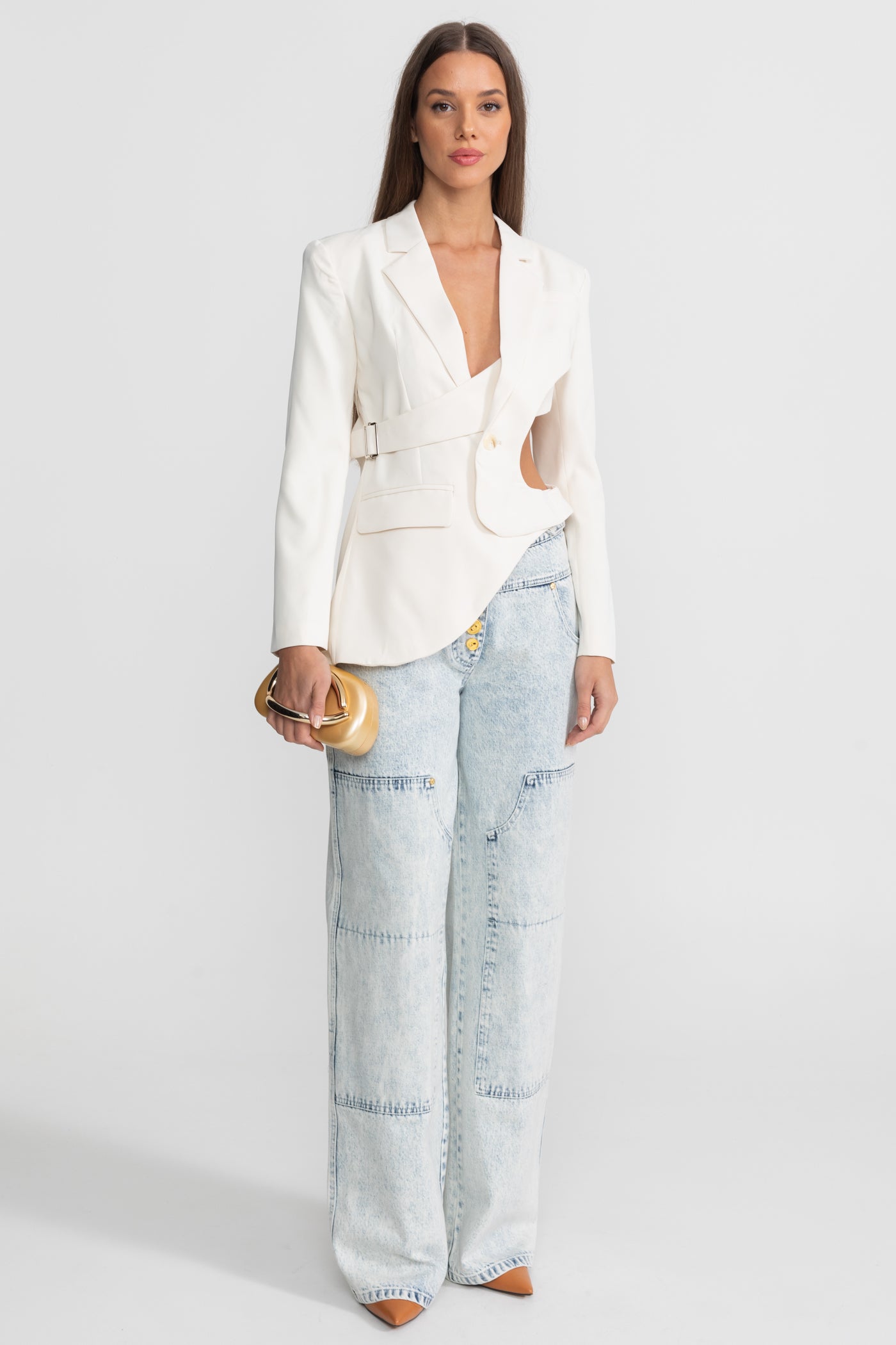 Blazer à Découpes Asymétriques avec Détail Ceinture - Blanc 