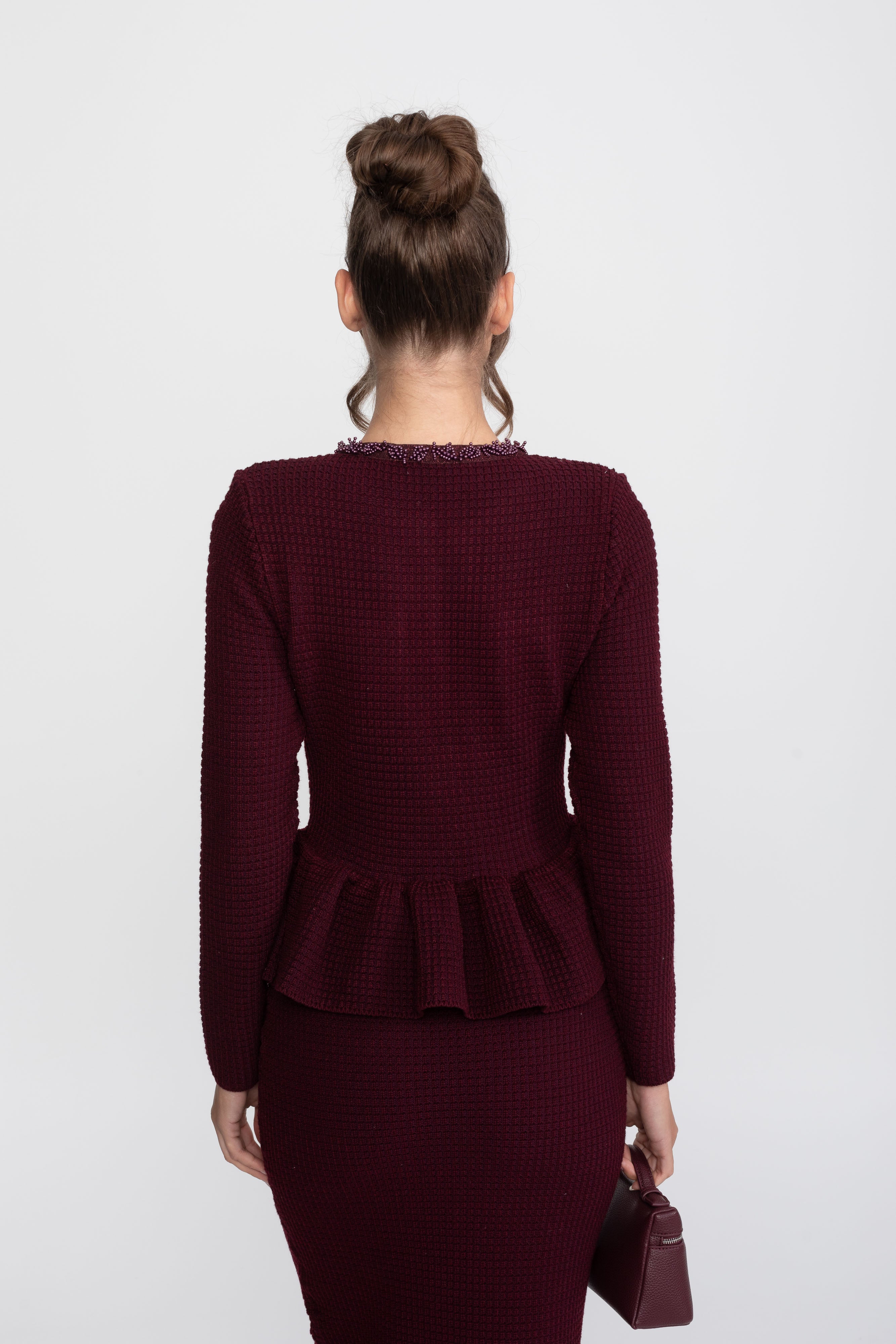 Fringe Trim Knit Peplum Dress With Front Chest Pockets - Burgundy