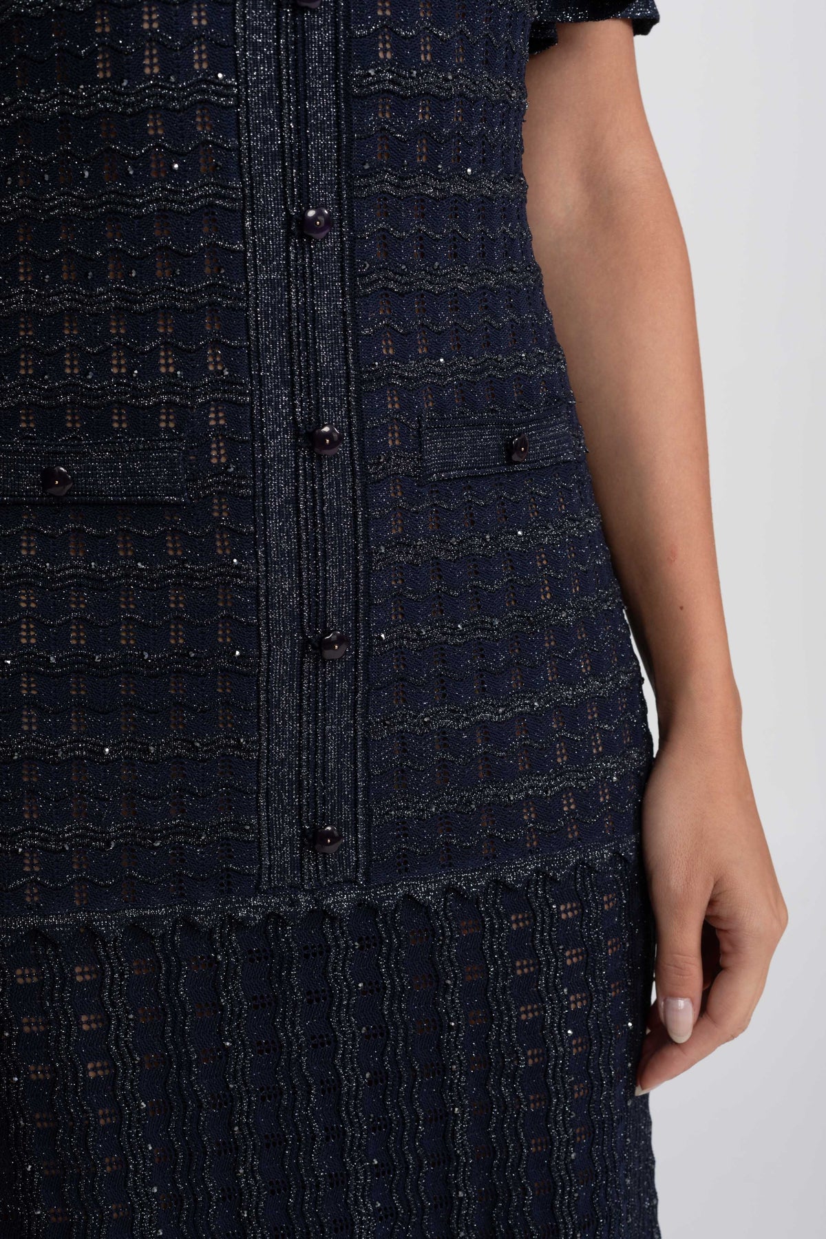 Robe Midi à Manches Courtes avec Texture Tricotée Scintillante - Navy 