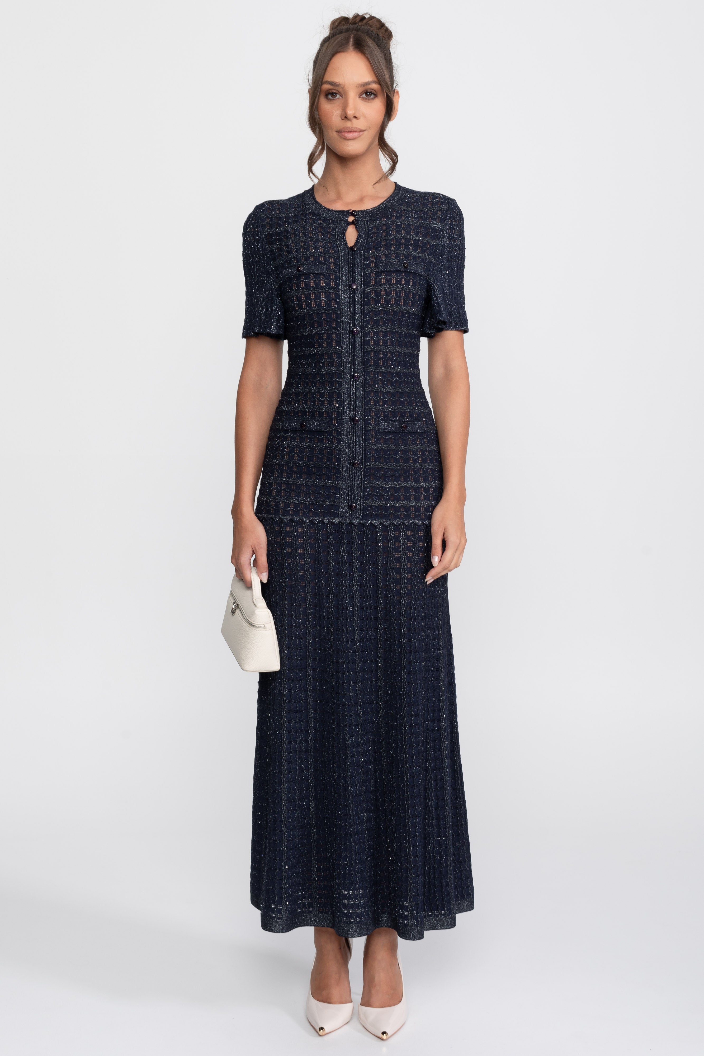 Robe Midi à Manches Courtes avec Texture Tricotée Scintillante - Navy 