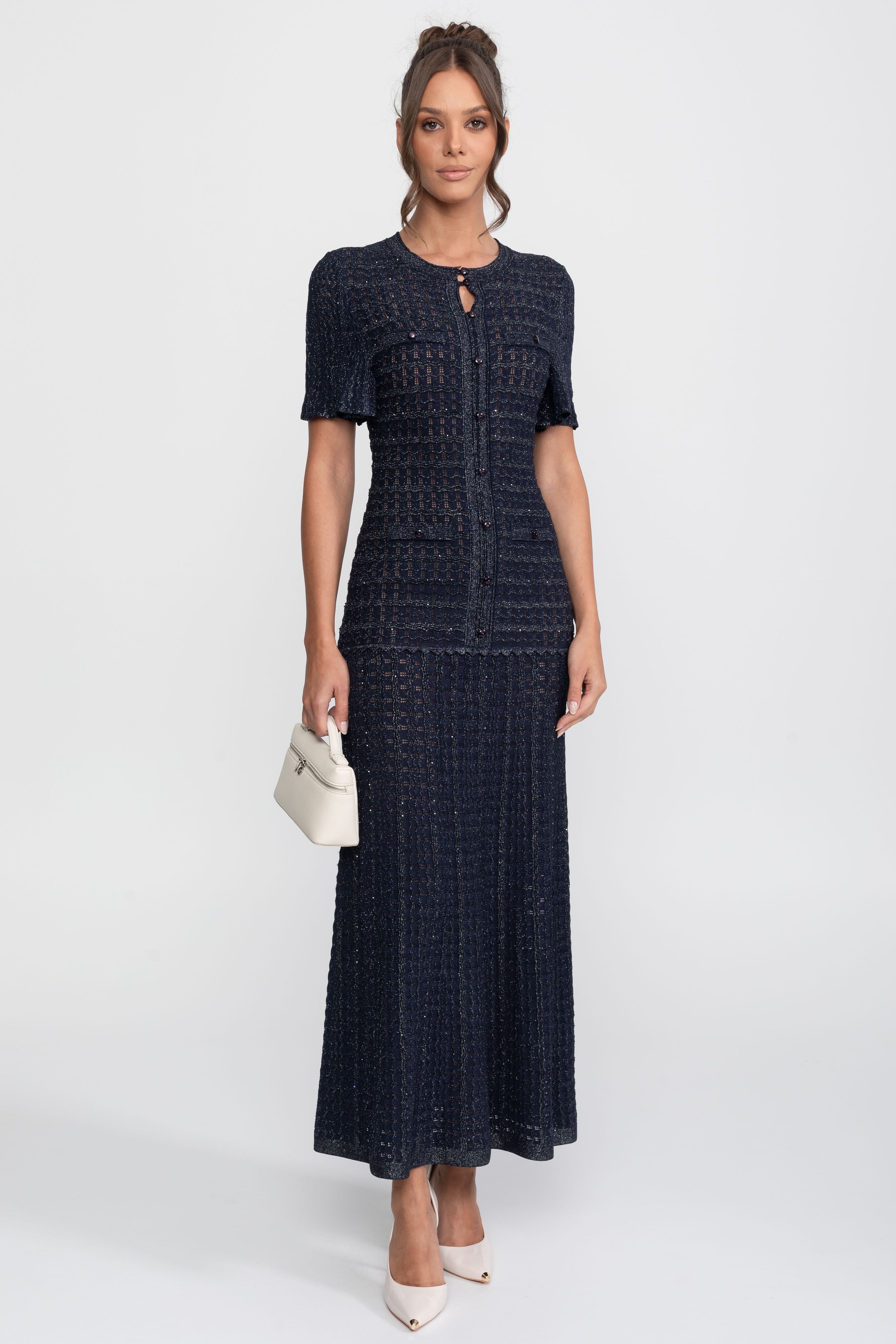 Robe Midi à Manches Courtes avec Texture Tricotée Scintillante - Navy 