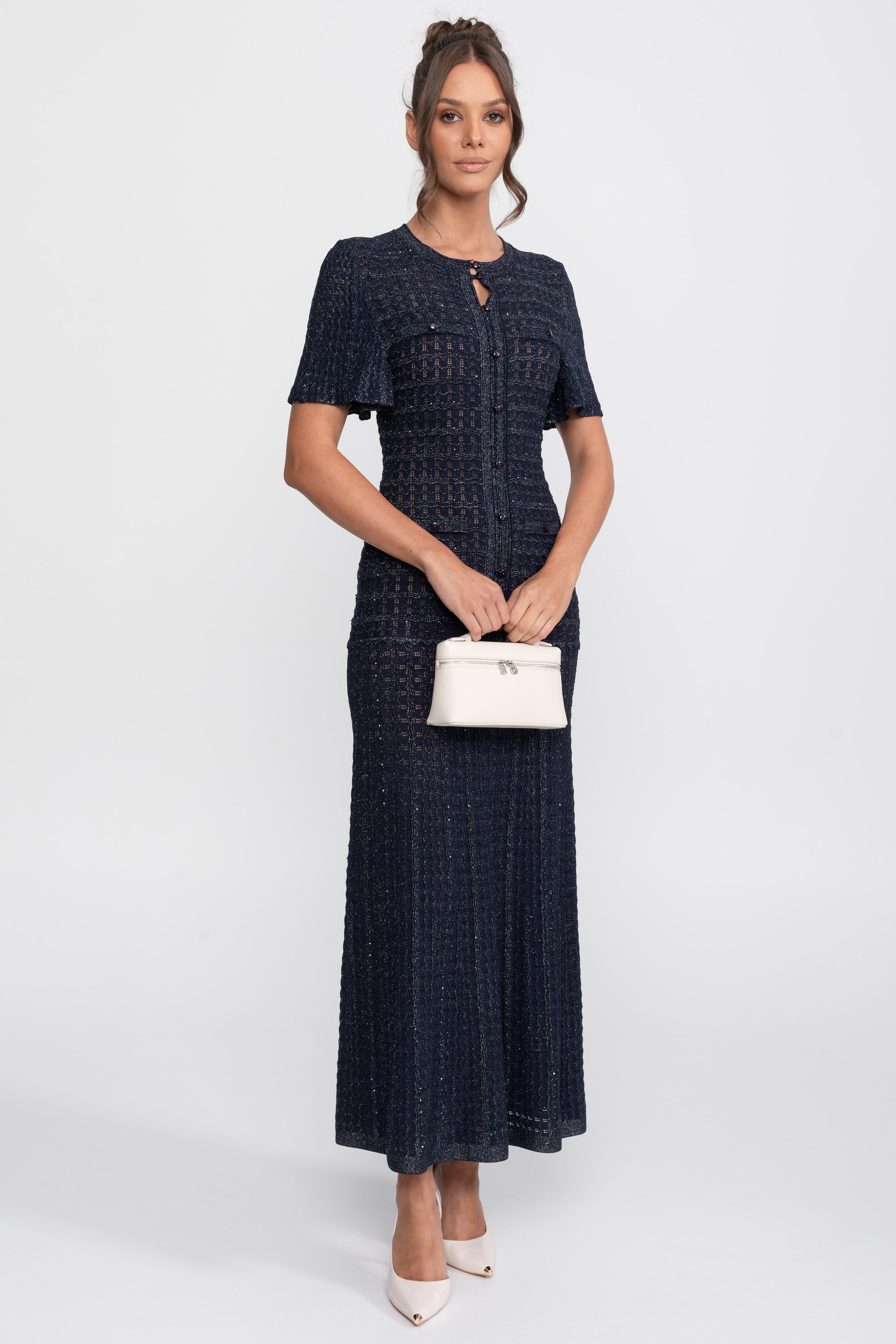 Robe Midi à Manches Courtes avec Texture Tricotée Scintillante - Navy 