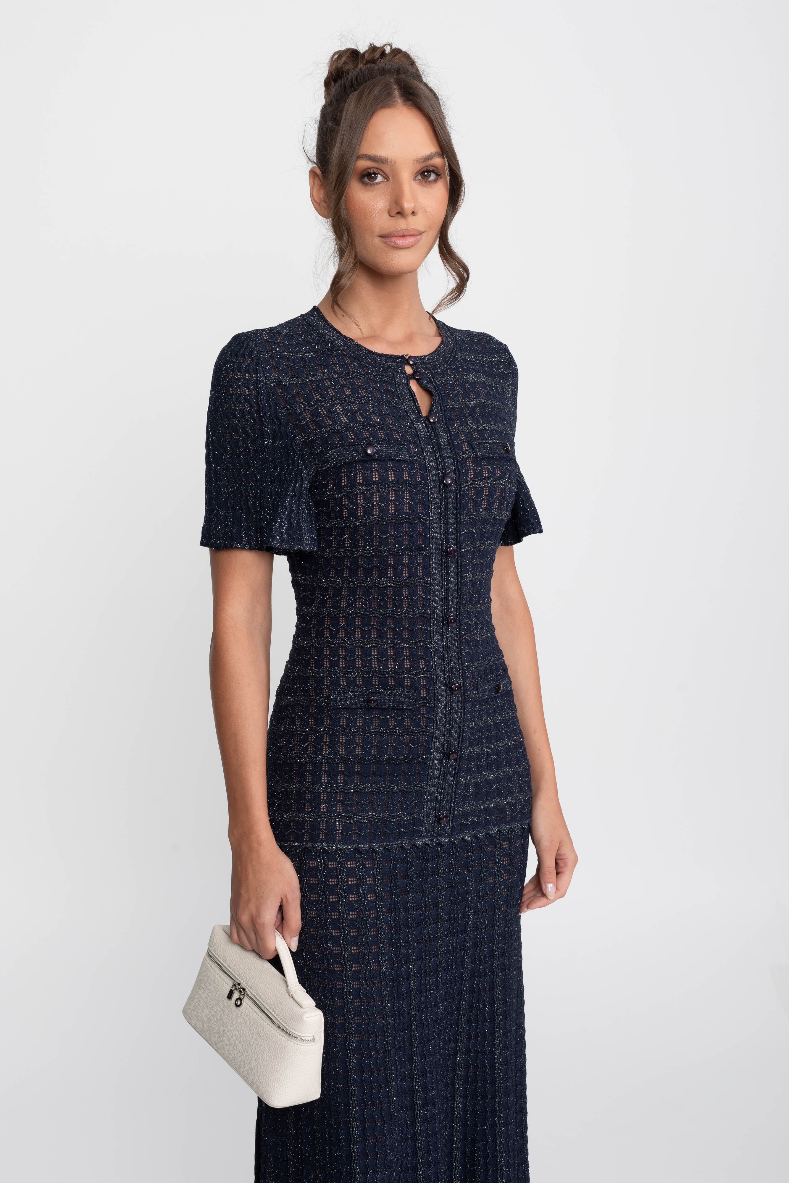 Robe Midi à Manches Courtes avec Texture Tricotée Scintillante - Navy 