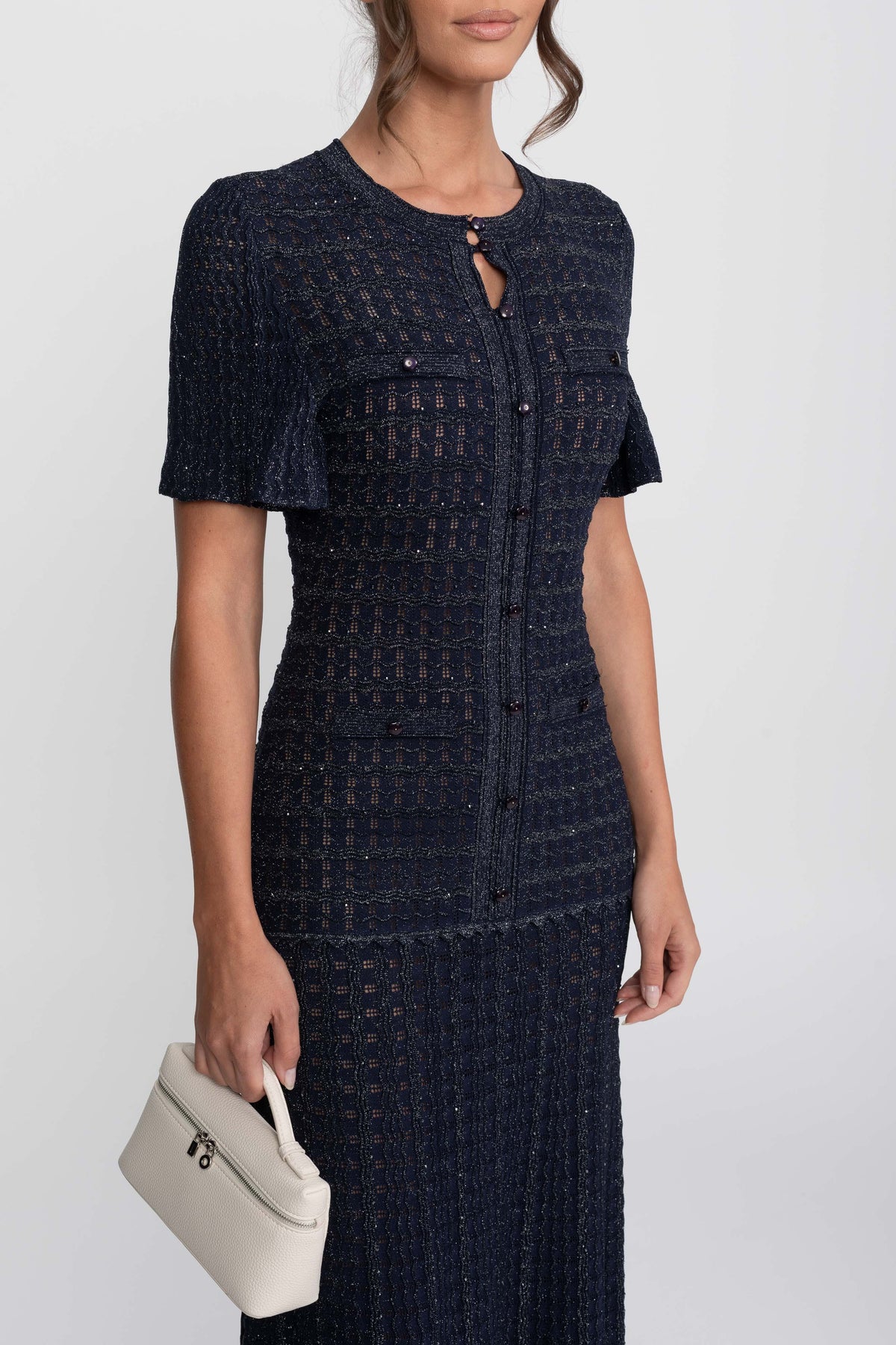 Robe Midi à Manches Courtes avec Texture Tricotée Scintillante - Navy 