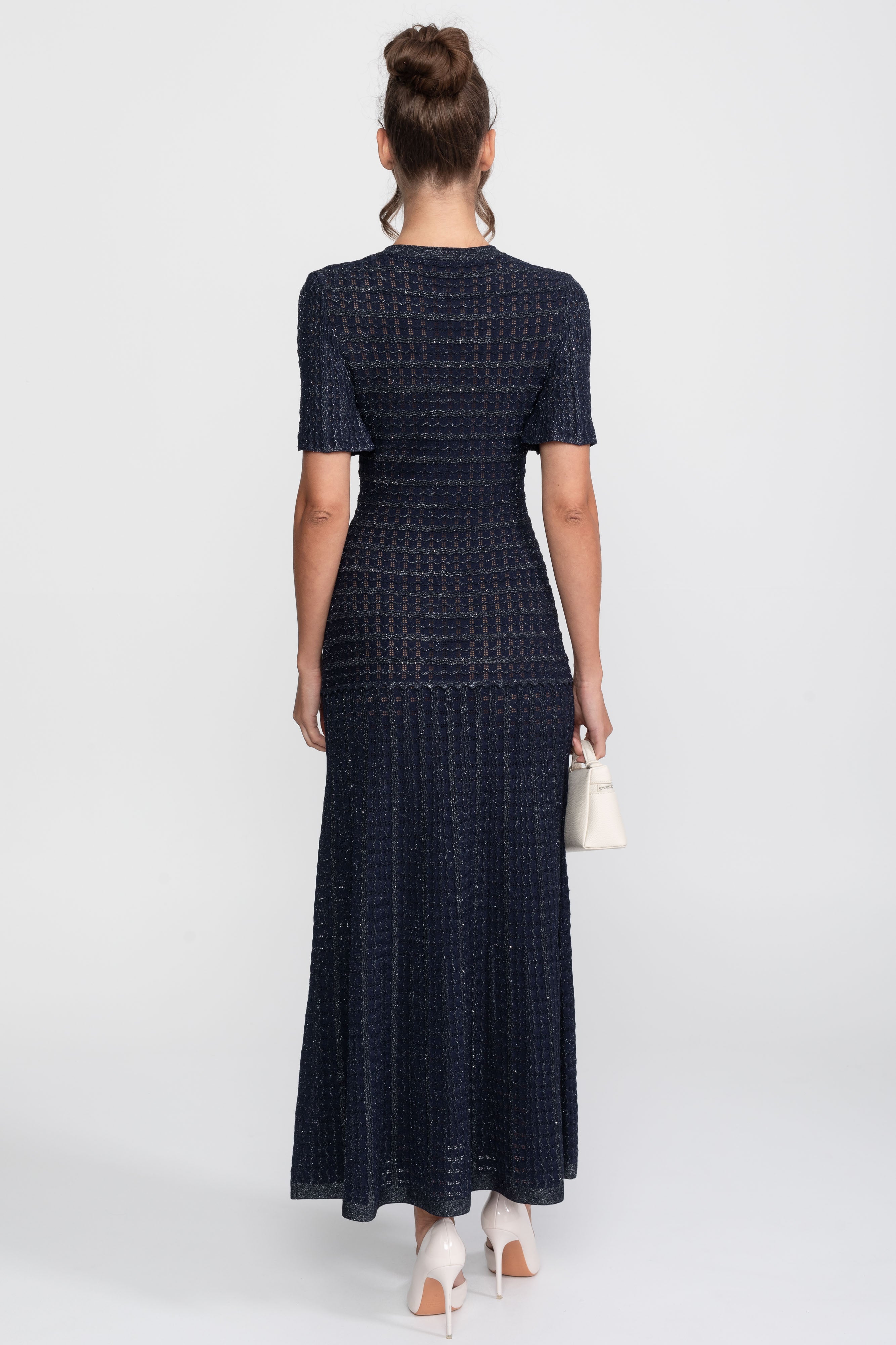 Robe Midi à Manches Courtes avec Texture Tricotée Scintillante - Navy 