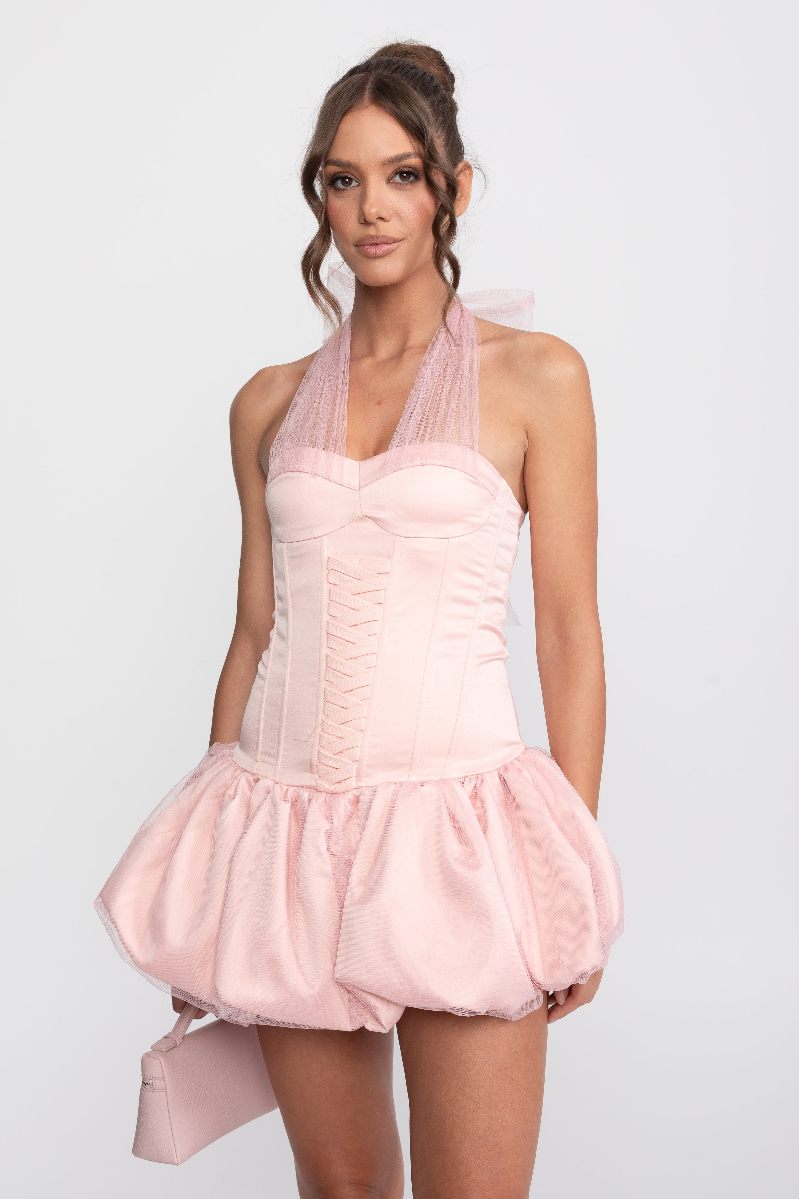 Robe mini à ourlet boule corset avec lien licou transparent - Rose 