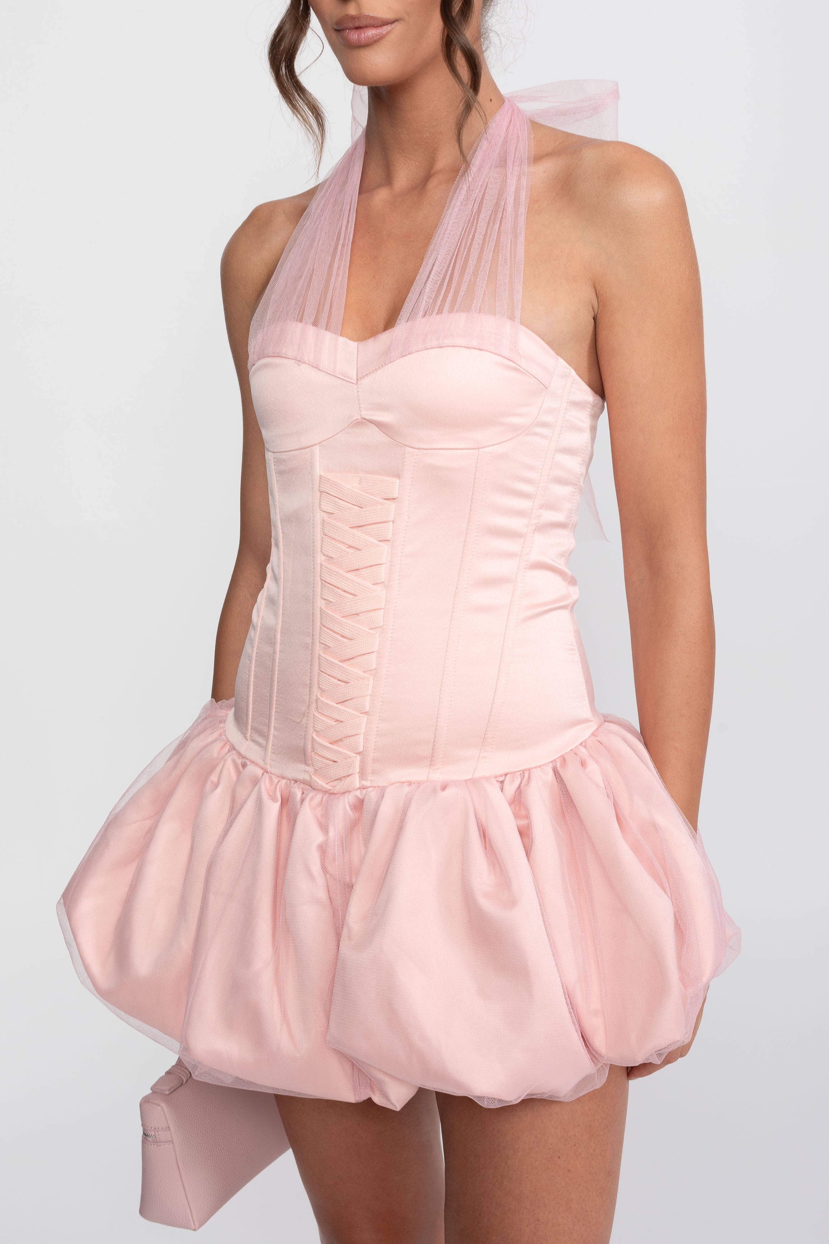 Robe mini à ourlet boule corset avec lien licou transparent - Rose 