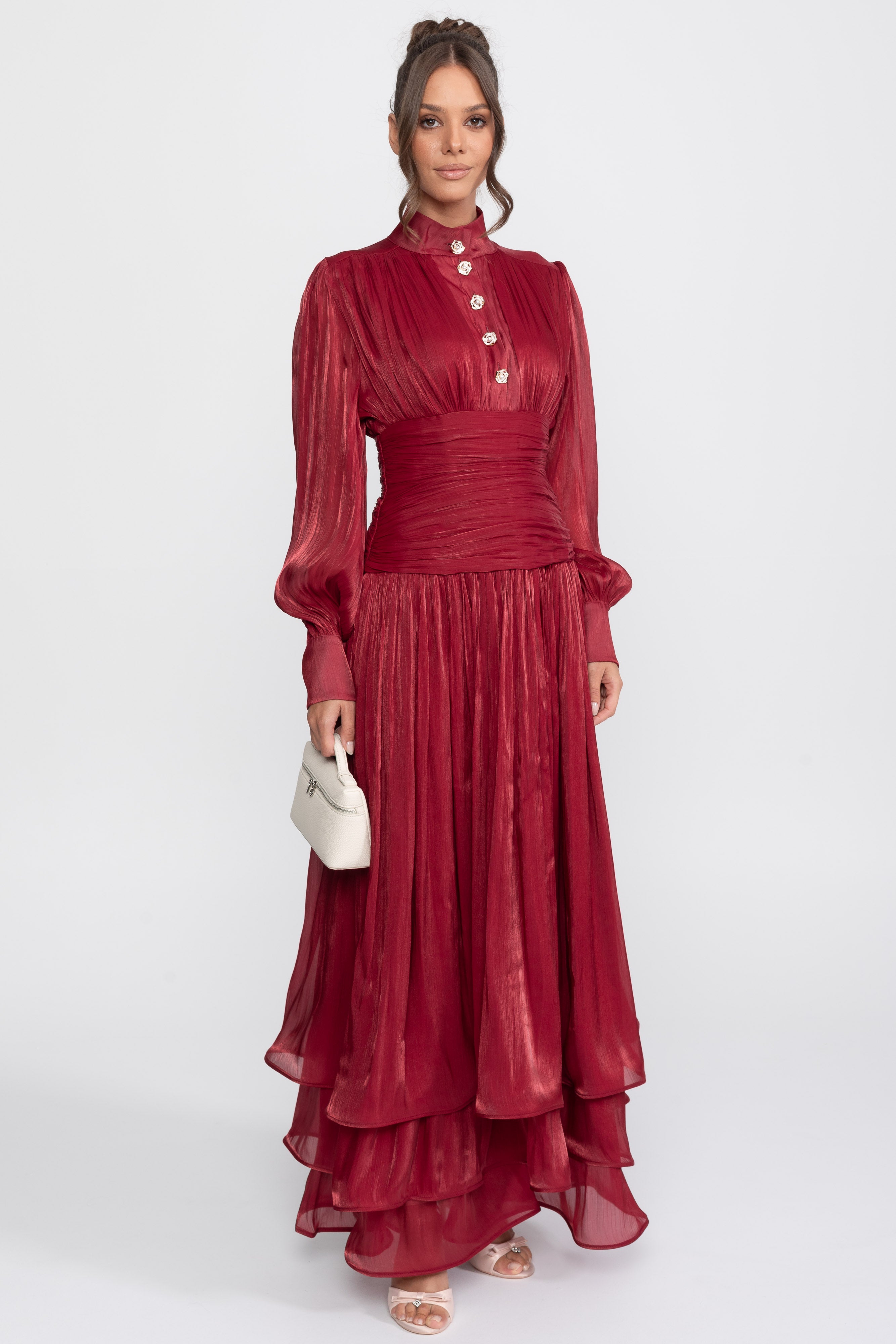 Balloon-Sleeve Tiered Maxi Dress With Jeweled Rose Buttons - Red