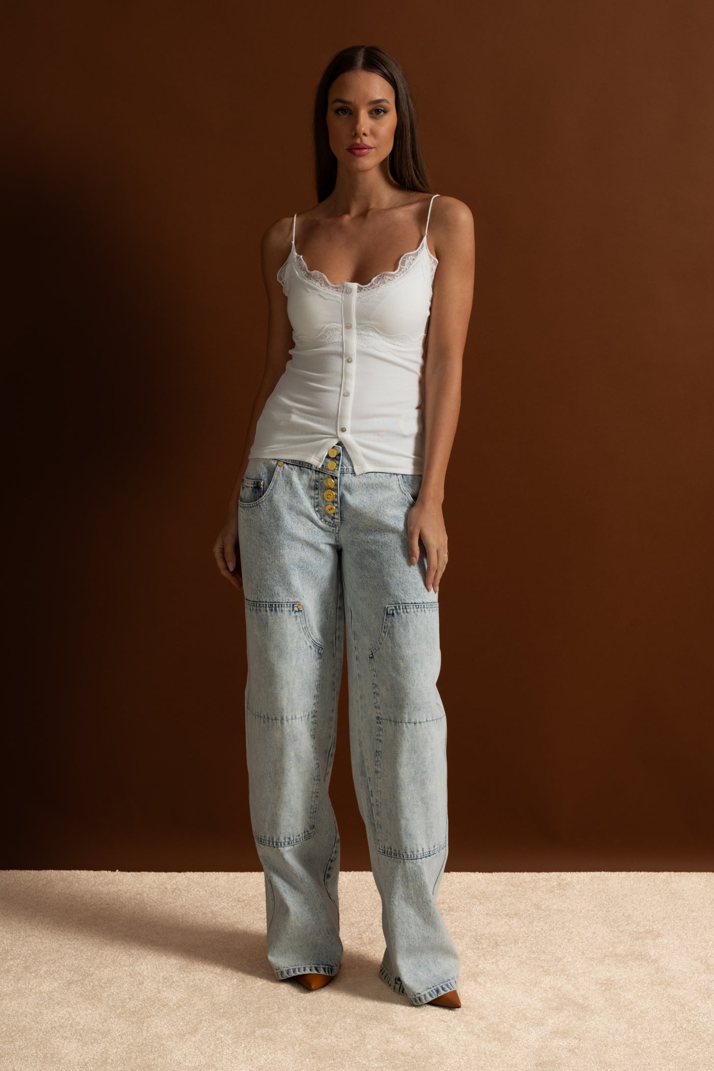 Jean taille haute à jambes larges avec boutons dorés - Bleu clair 