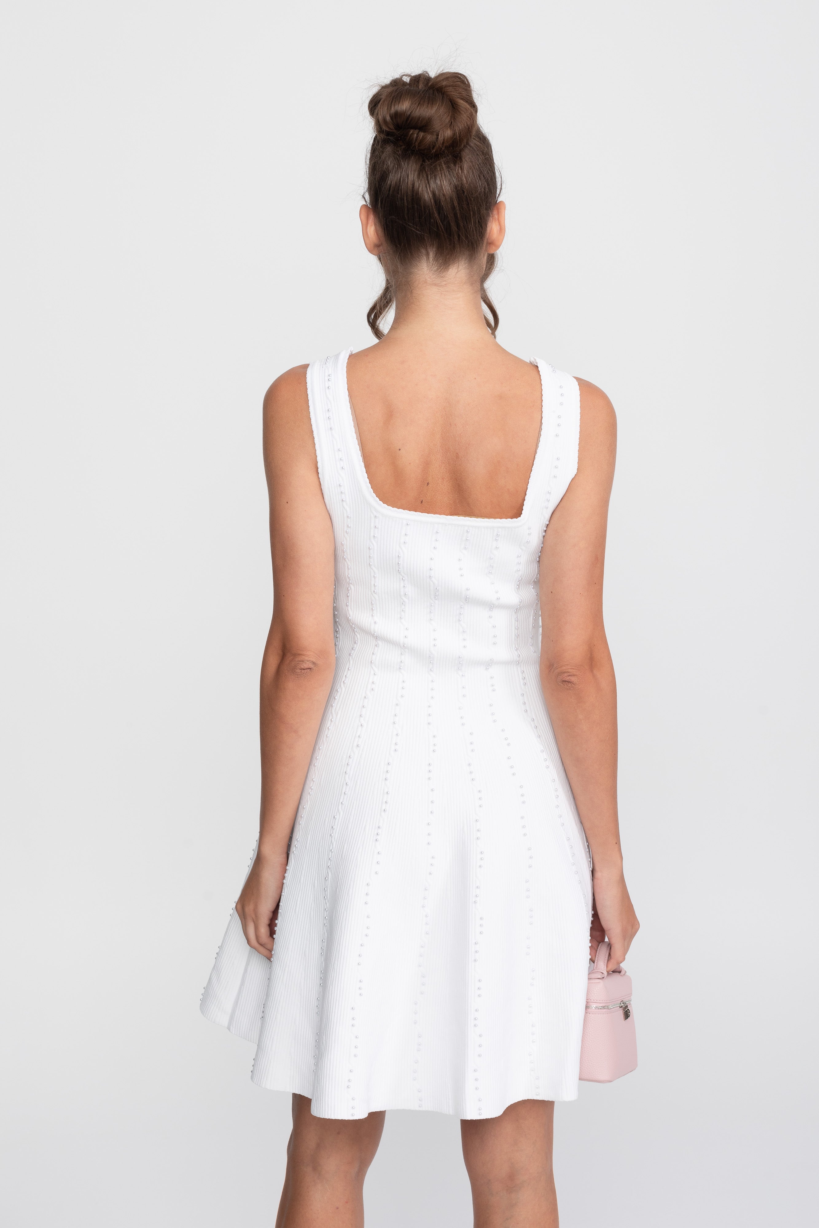 Robe courte côtelée à col carré ornée de perles - Blanc 