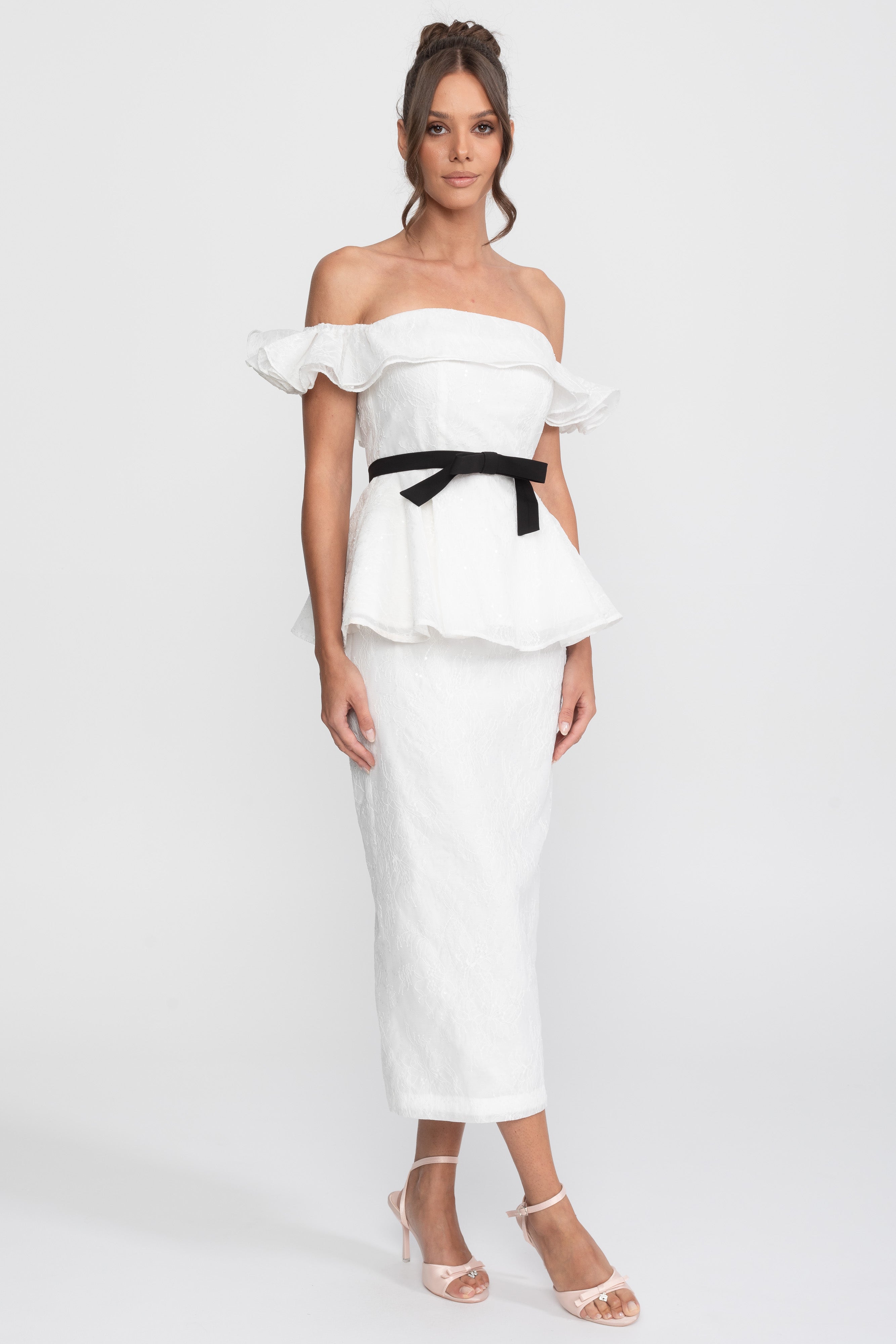 Off-Shoulder Peplum Top And Skirt Set With Black Ribbon Belt - White