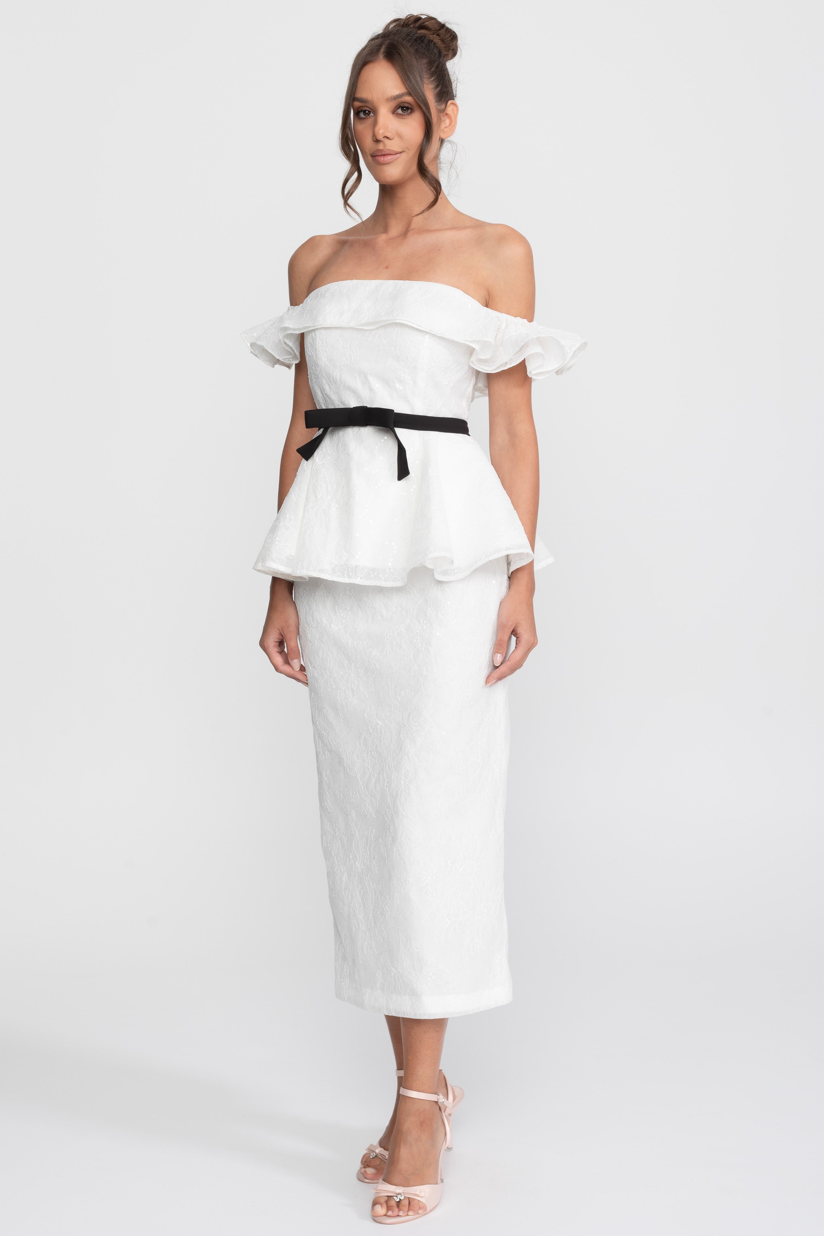 Off-Shoulder Peplum Top And Skirt Set With Black Ribbon Belt - White