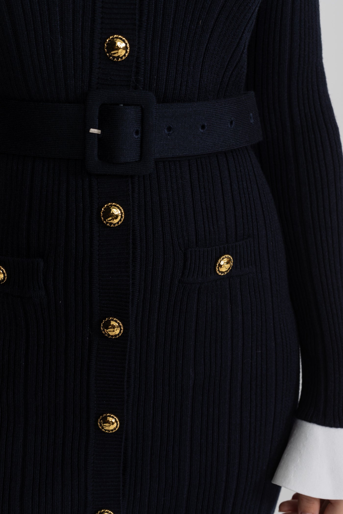 Ribbed Knit Midi Dress with Gold Button Fastening - Dark Blue