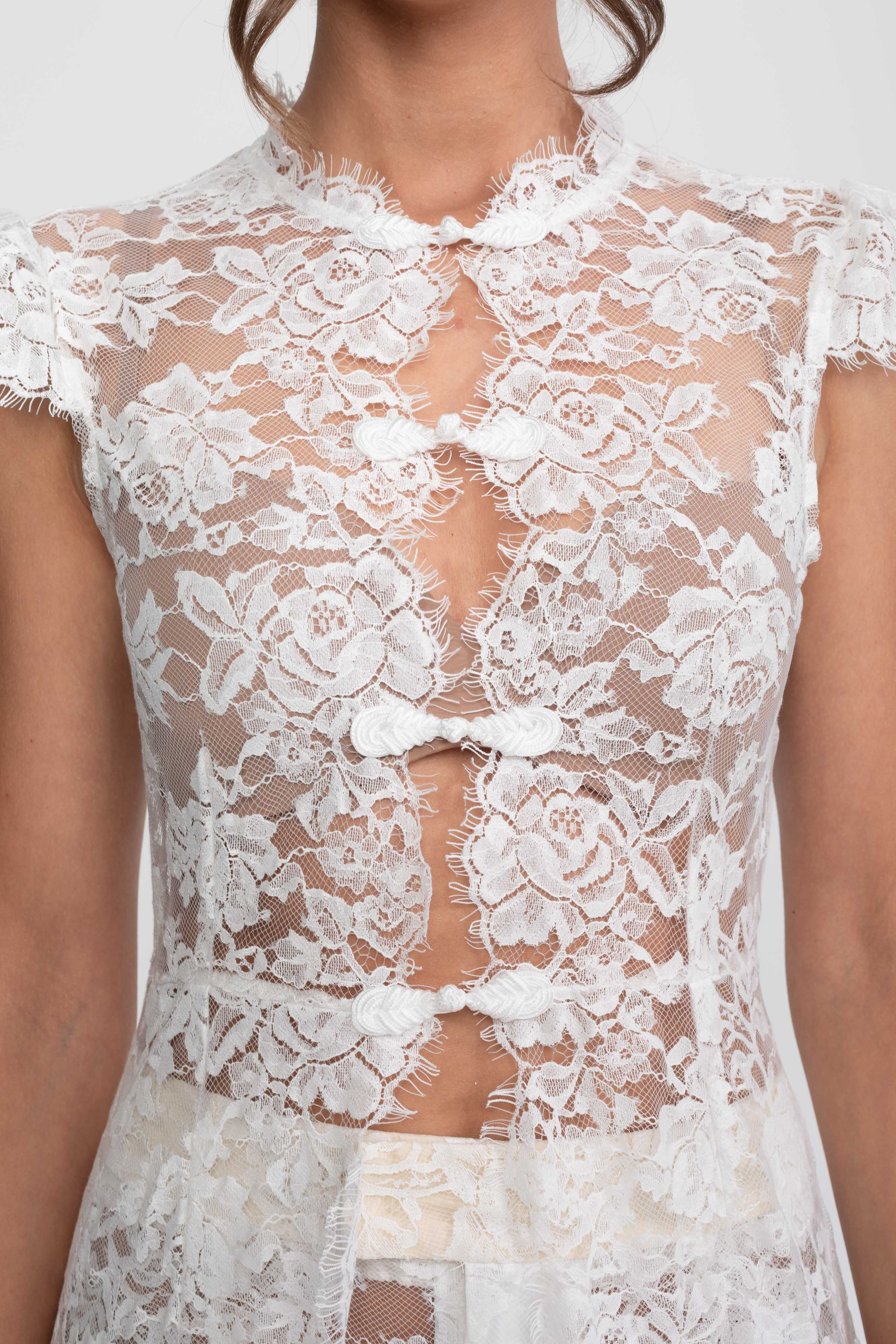 Ensemble top en dentelle transparente et pantalon palazzo avec panneau traînant - Blanc 
