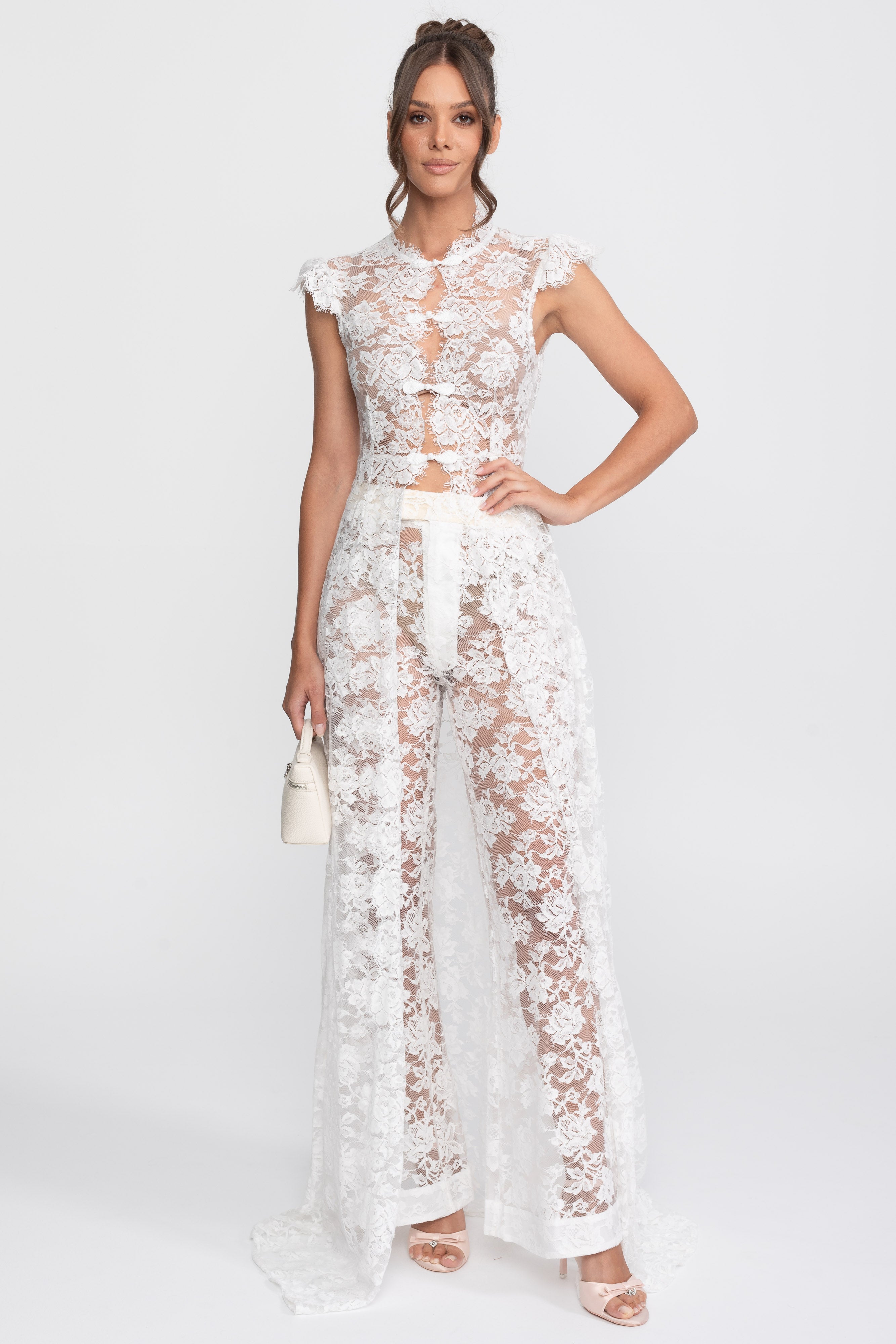 Ensemble top en dentelle transparente et pantalon palazzo avec panneau traînant - Blanc 