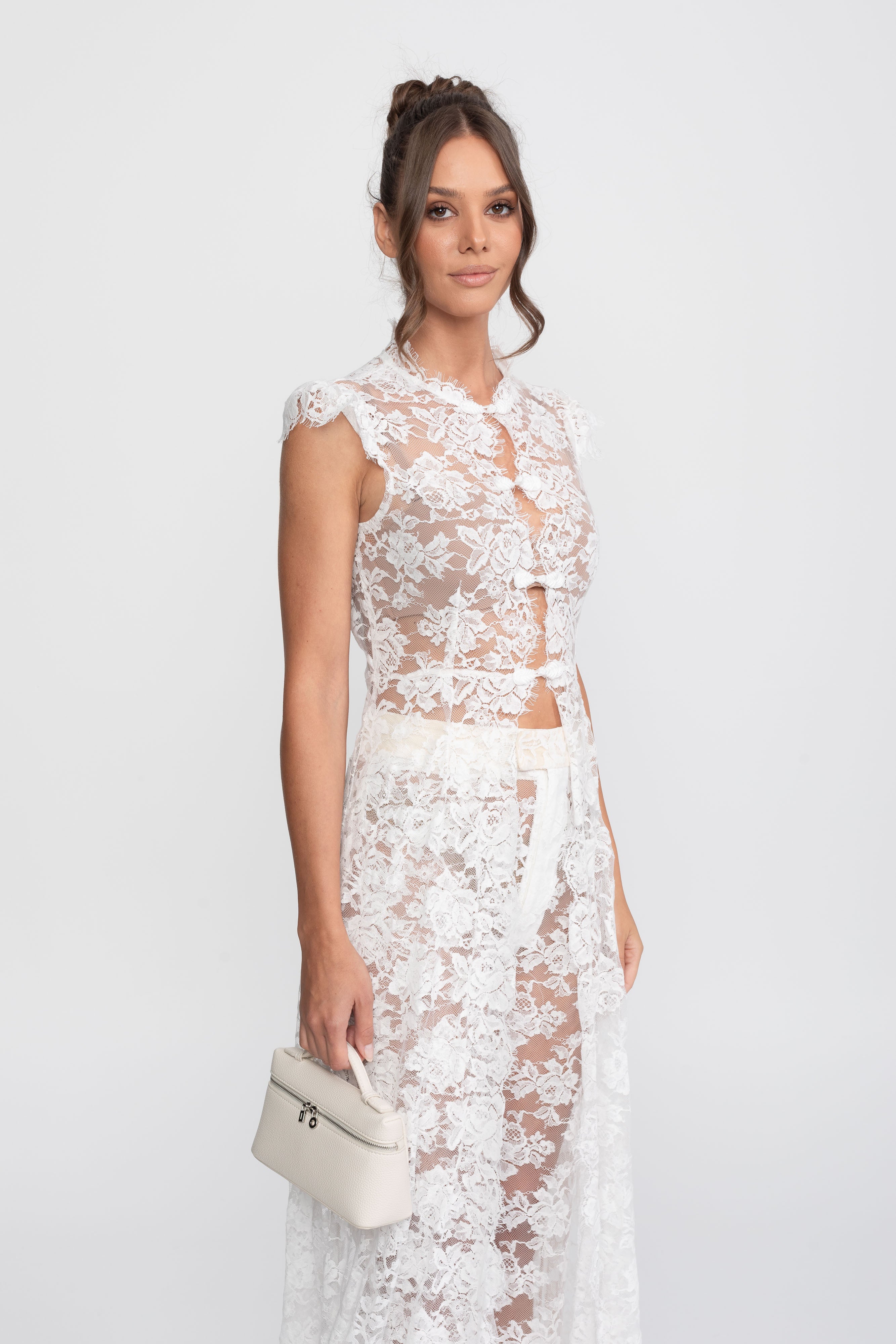 Ensemble top en dentelle transparente et pantalon palazzo avec panneau traînant - Blanc 