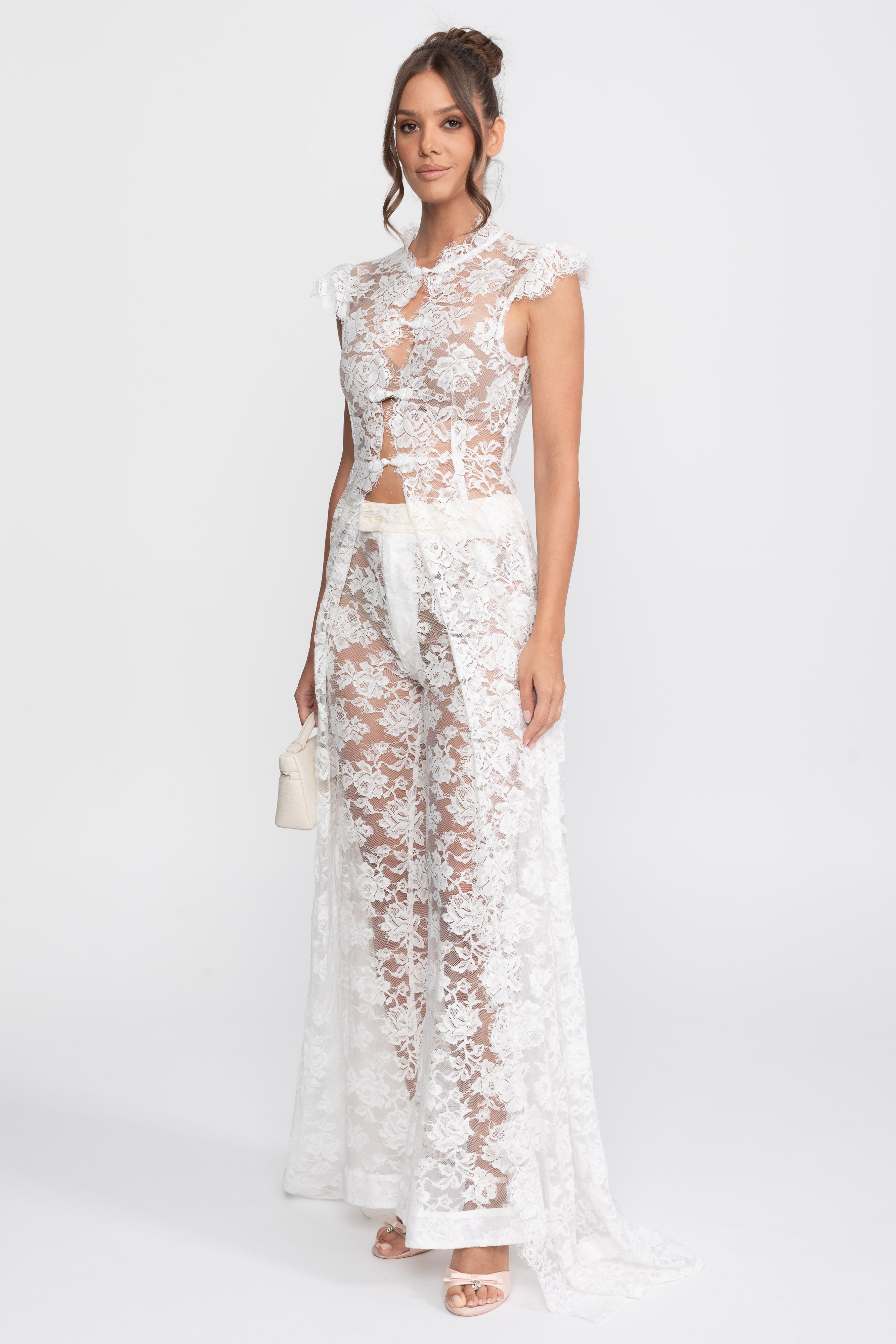 Ensemble top en dentelle transparente et pantalon palazzo avec panneau traînant - Blanc 
