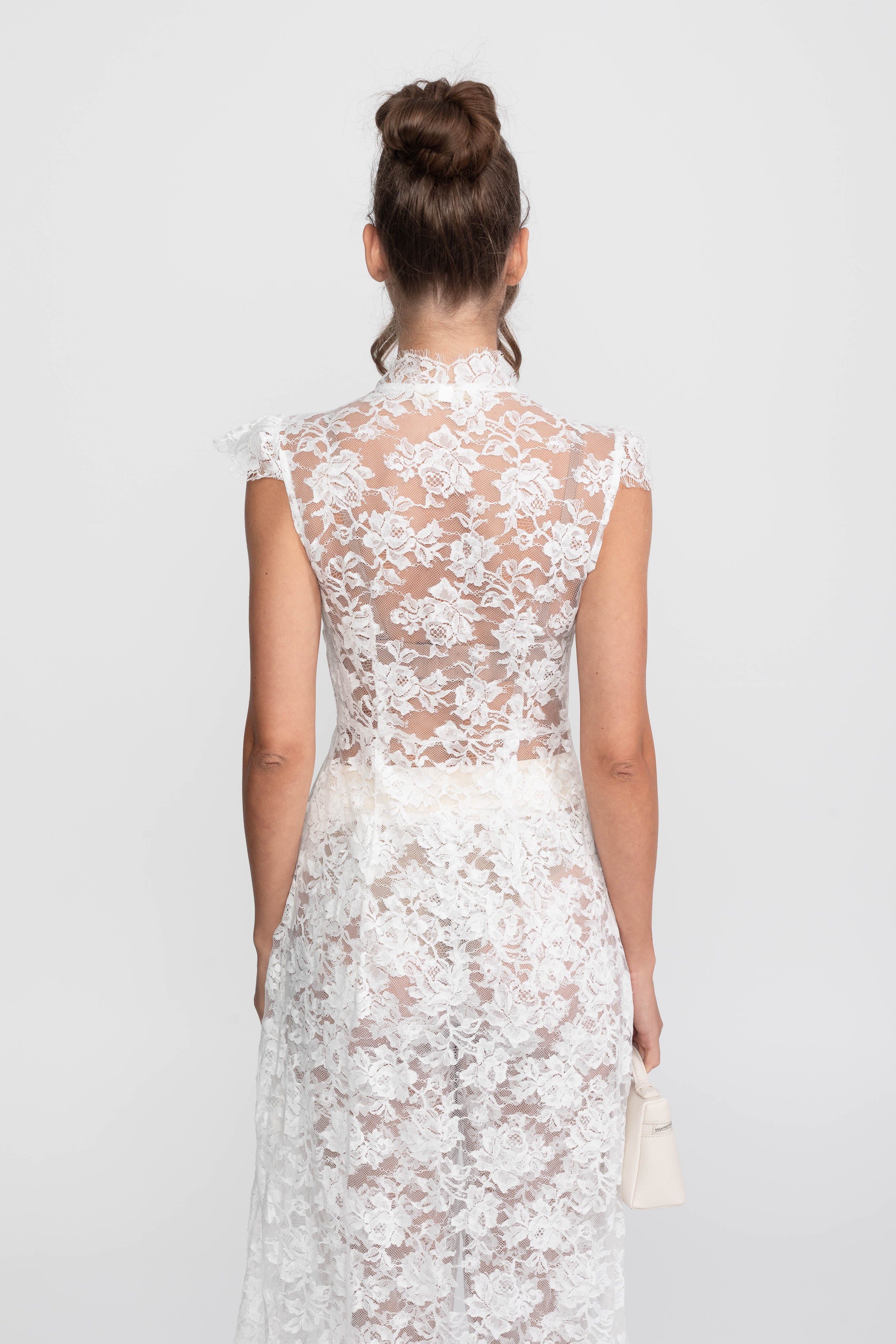 Ensemble top en dentelle transparente et pantalon palazzo avec panneau traînant - Blanc 
