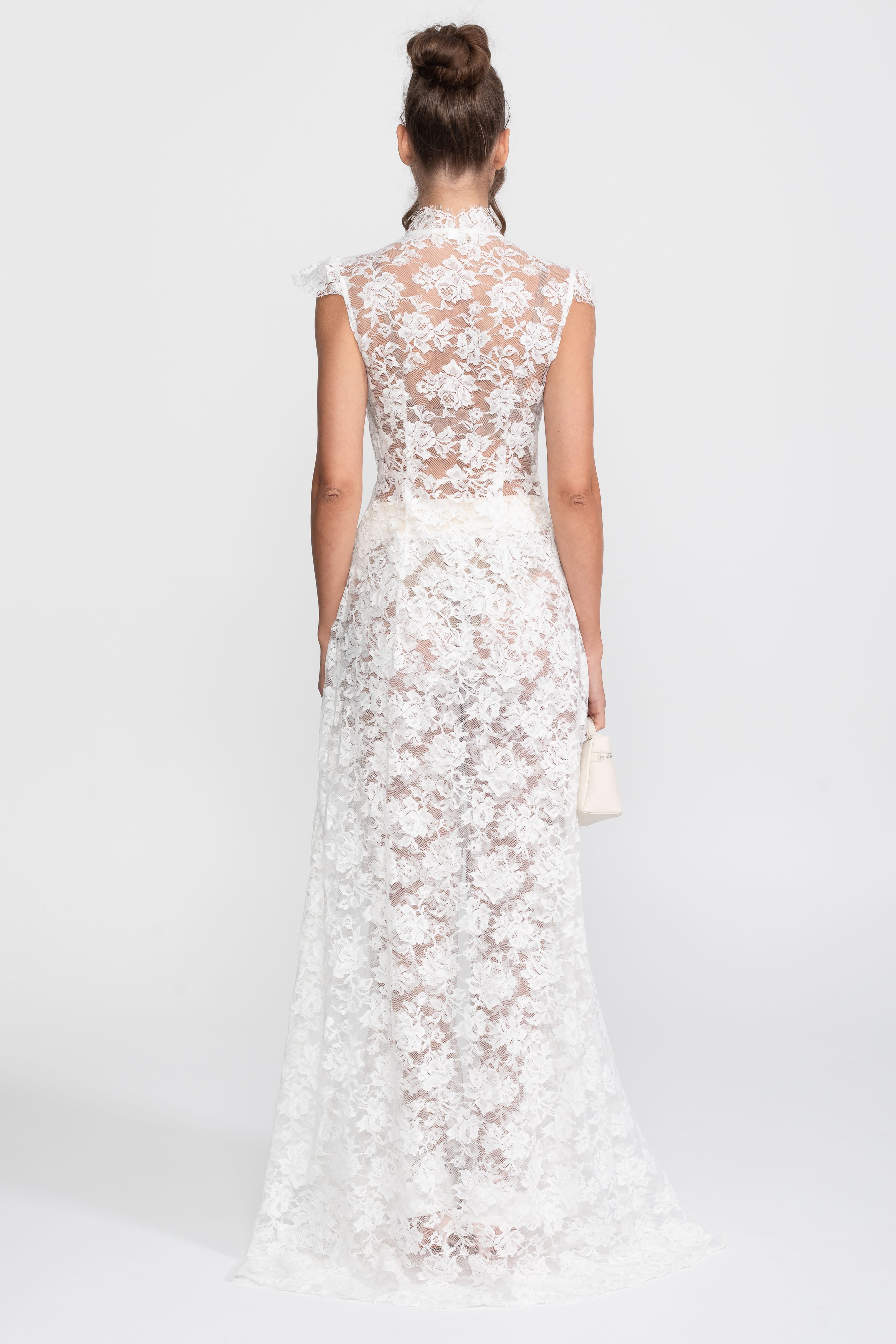 Ensemble top en dentelle transparente et pantalon palazzo avec panneau traînant - Blanc 