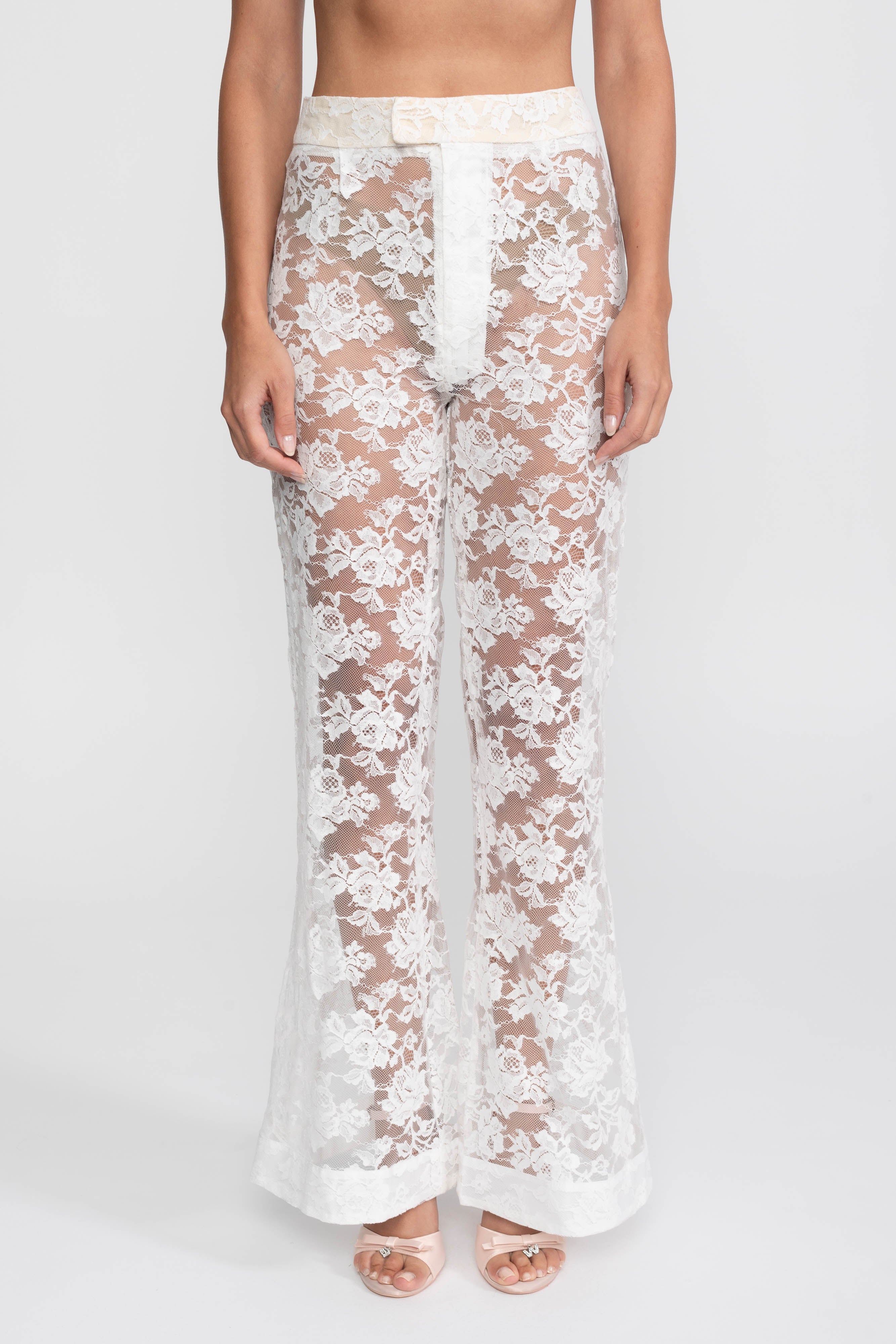Ensemble top en dentelle transparente et pantalon palazzo avec panneau traînant - Blanc 