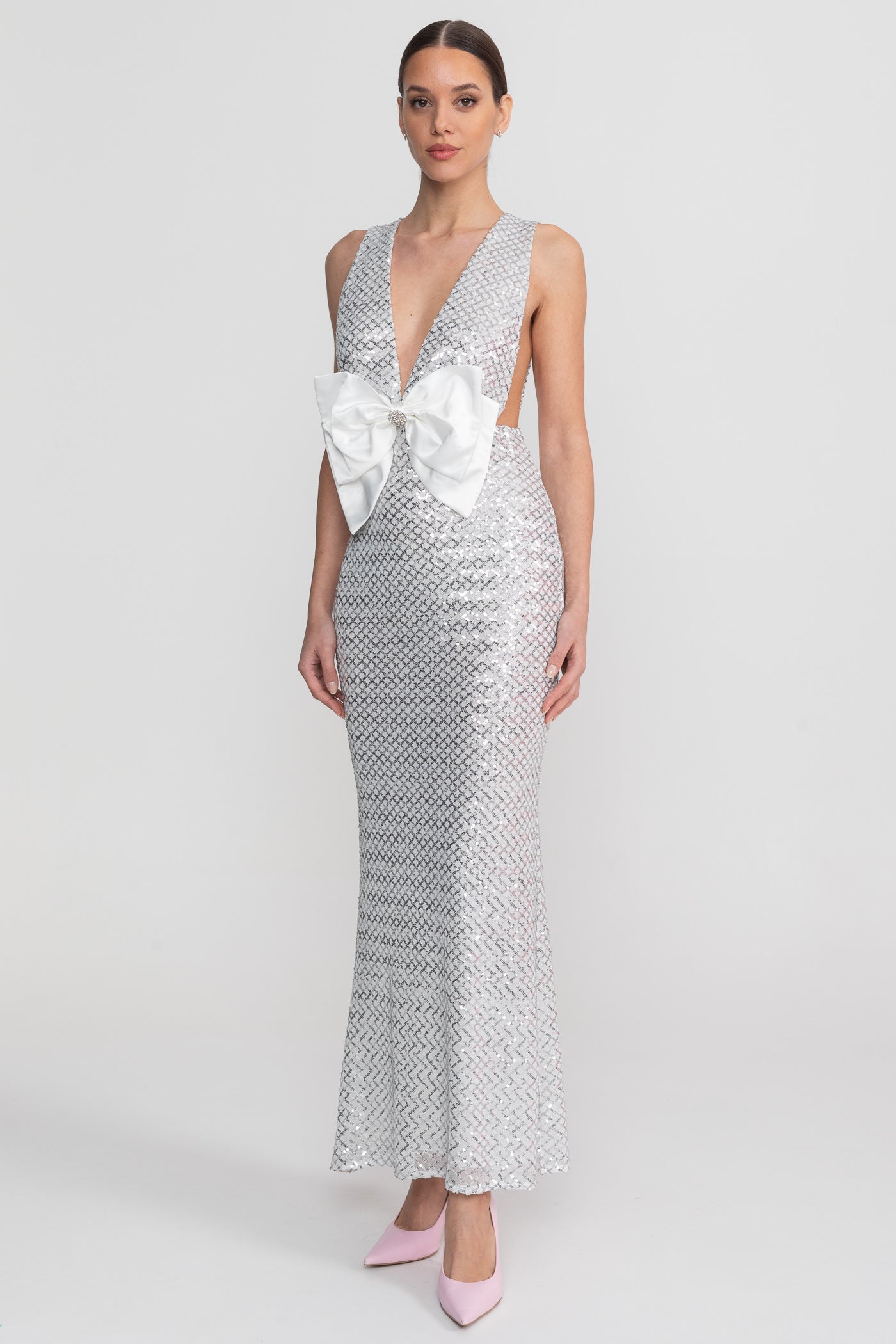 Robe Maxi à Sequins avec Détail Nœud en Satin - Gris Clair 