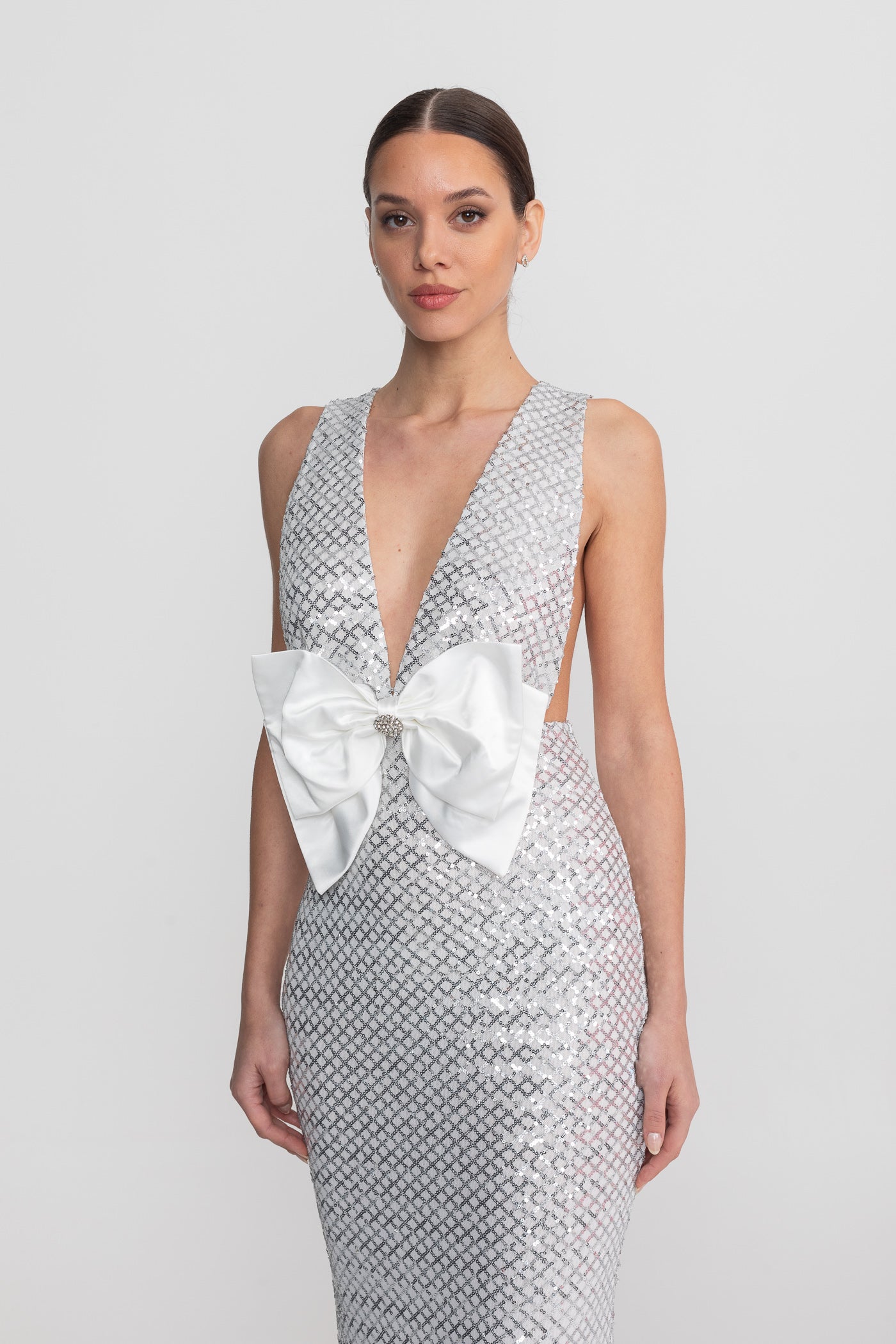 Robe Maxi à Sequins avec Détail Nœud en Satin - Gris Clair 