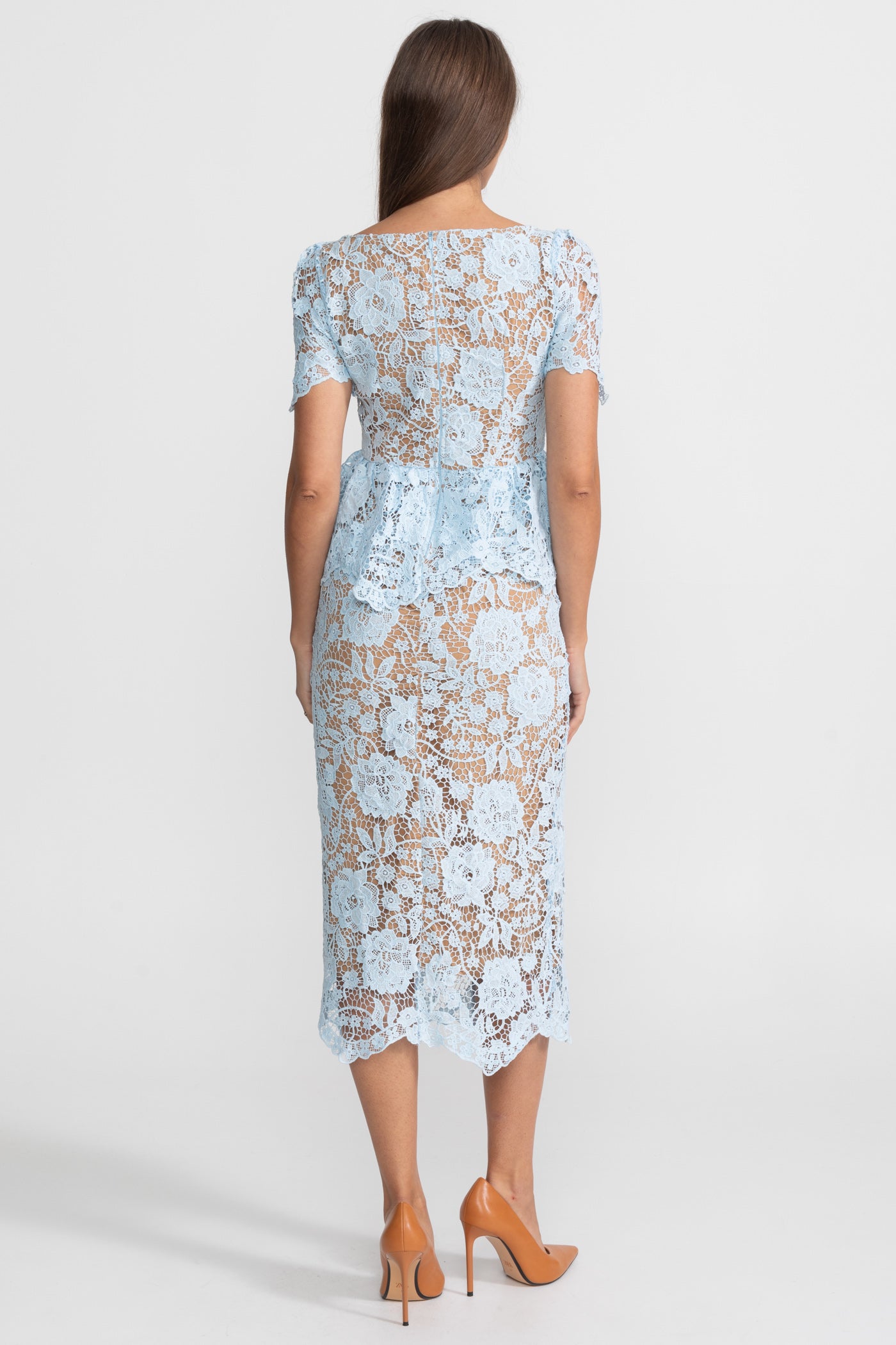 Lace Midi Dress with Peplum Waist and Satin Collar - Baby Blue