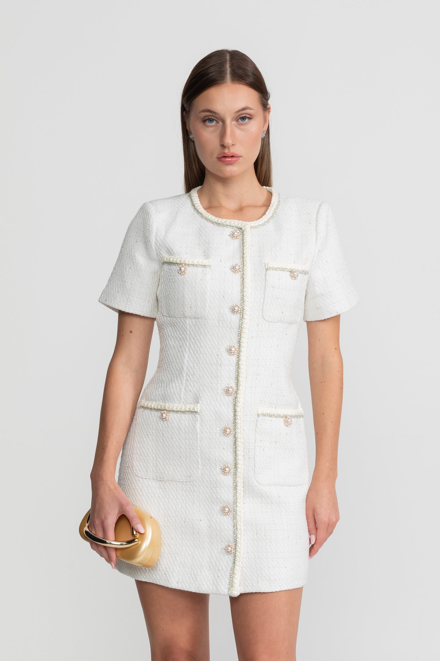 Robe mini en tweed avec détails en perles – Blanc 