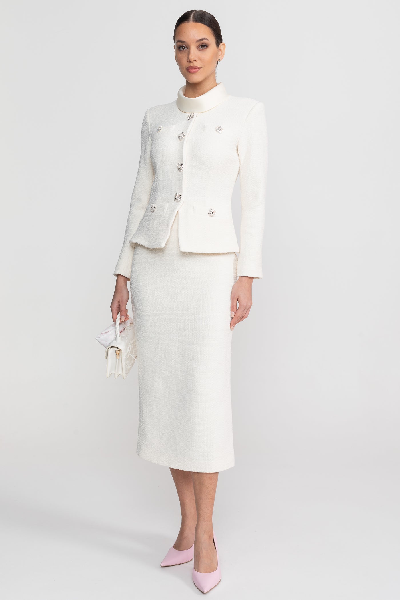 Ensemble coordonné texturé avec veste à col montant et détail de boutons en cristal - Blanc 
